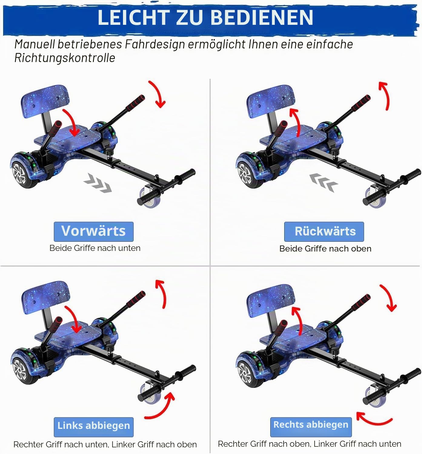 SISIGAD Hoverboard mit sitz, 6.5" Self Balancing Bluetooth-Lautsprechern LED-Lichtern für Kinder und Erwachsene, Starry Sky Blue