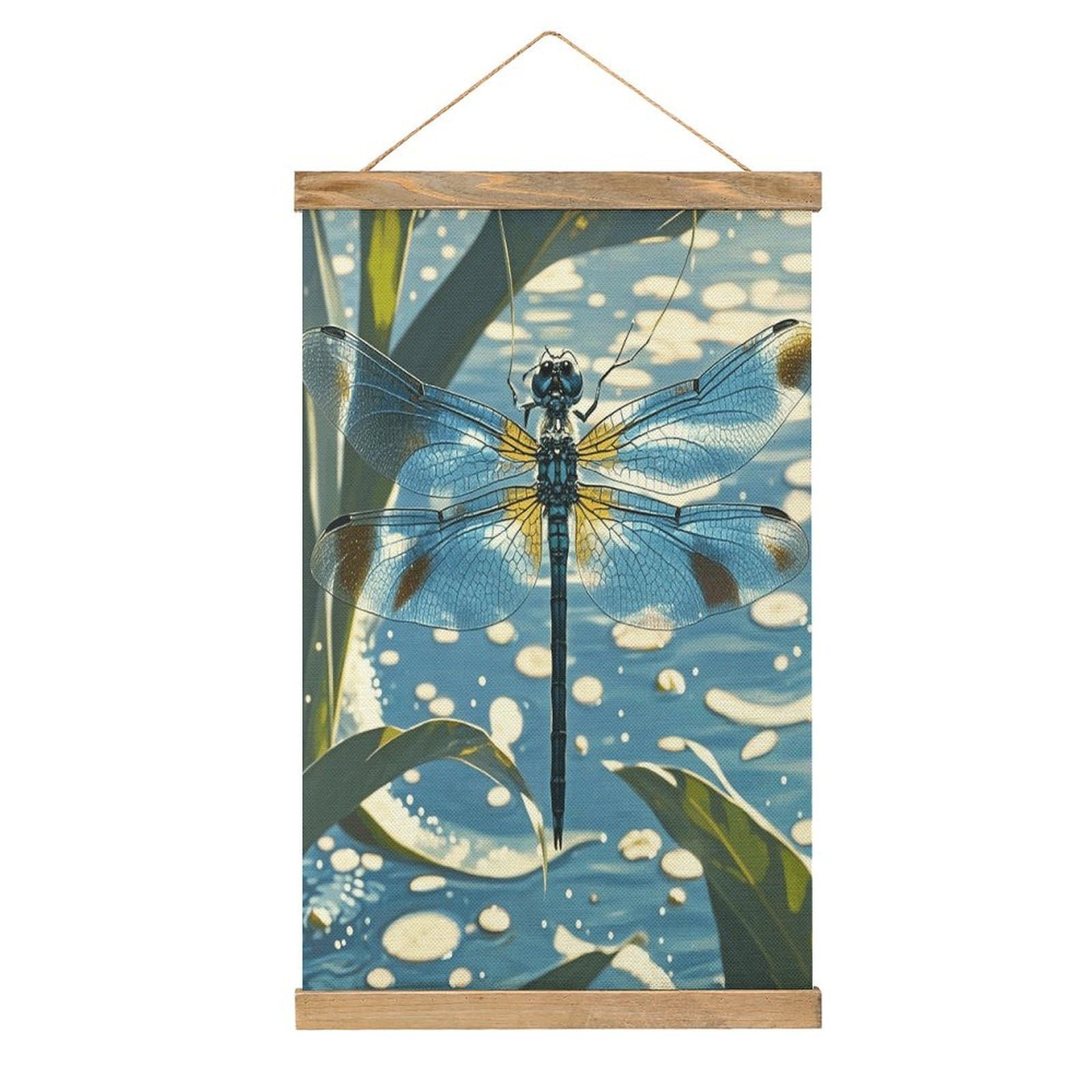 VstaDank Blue Dragonfly Hanging Poster with Wooden Frame Modern Linen Hanging Painting Retro Style Wall Decor Art Painting for Living Room,Bedroom Decor Poster Frame 20.4x13.1inch
