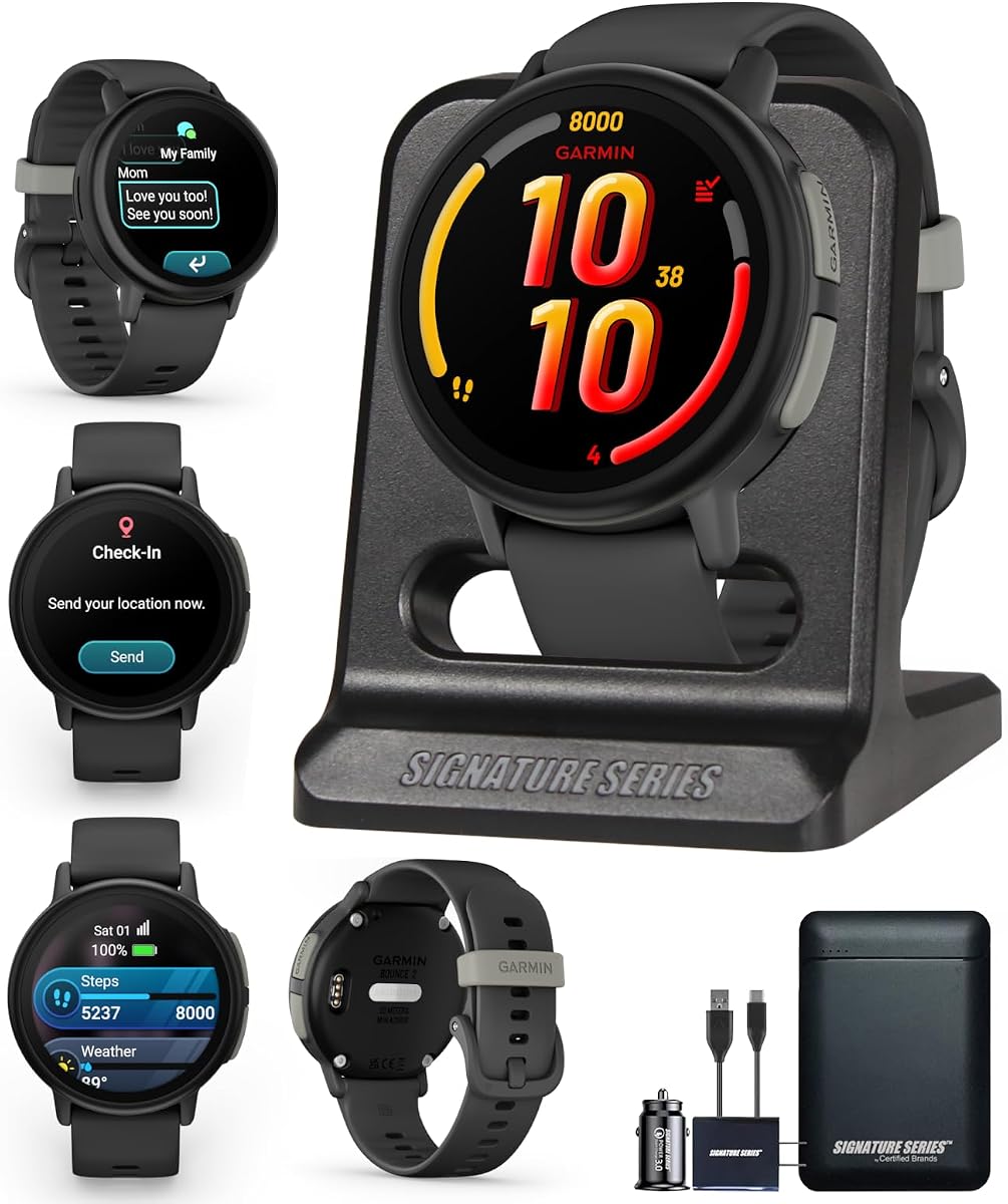 Garmin Bounce 2, Kids Smartwatch with Calling, Messaging and Location Tracking Features, Slate Gray with Signature Series Power Bundle