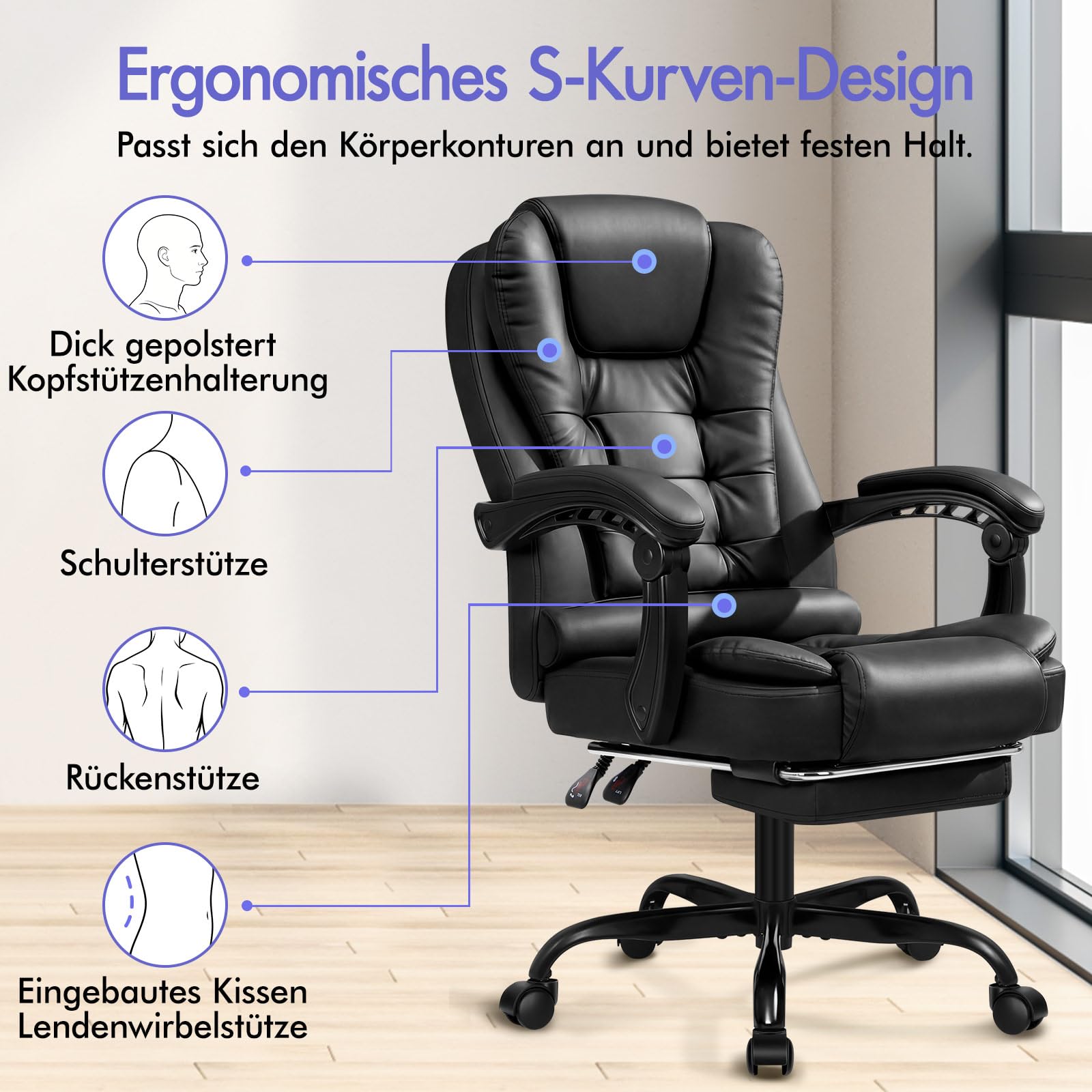 ALFORDSON Chefsessel Bürostuhl Massage Schreibtischstuhl 150°-Neigung, Computerdrehstuhl, ergonomischer Drehstuhl Ausziehbare Fußstütze, höhenverstellbarer,belastbar 180 kg, PU-Leder, Schwarz