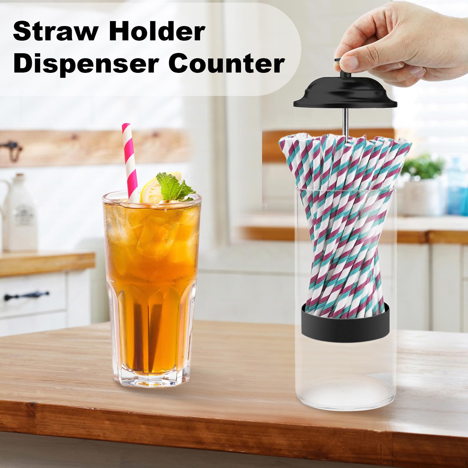 Straw Holder for Counter, Straw Dispenser Organizer for Standard Size Drinking Straws, Acrylic Plastic Straws Container Dispenser Storage for Counter with Lid Black