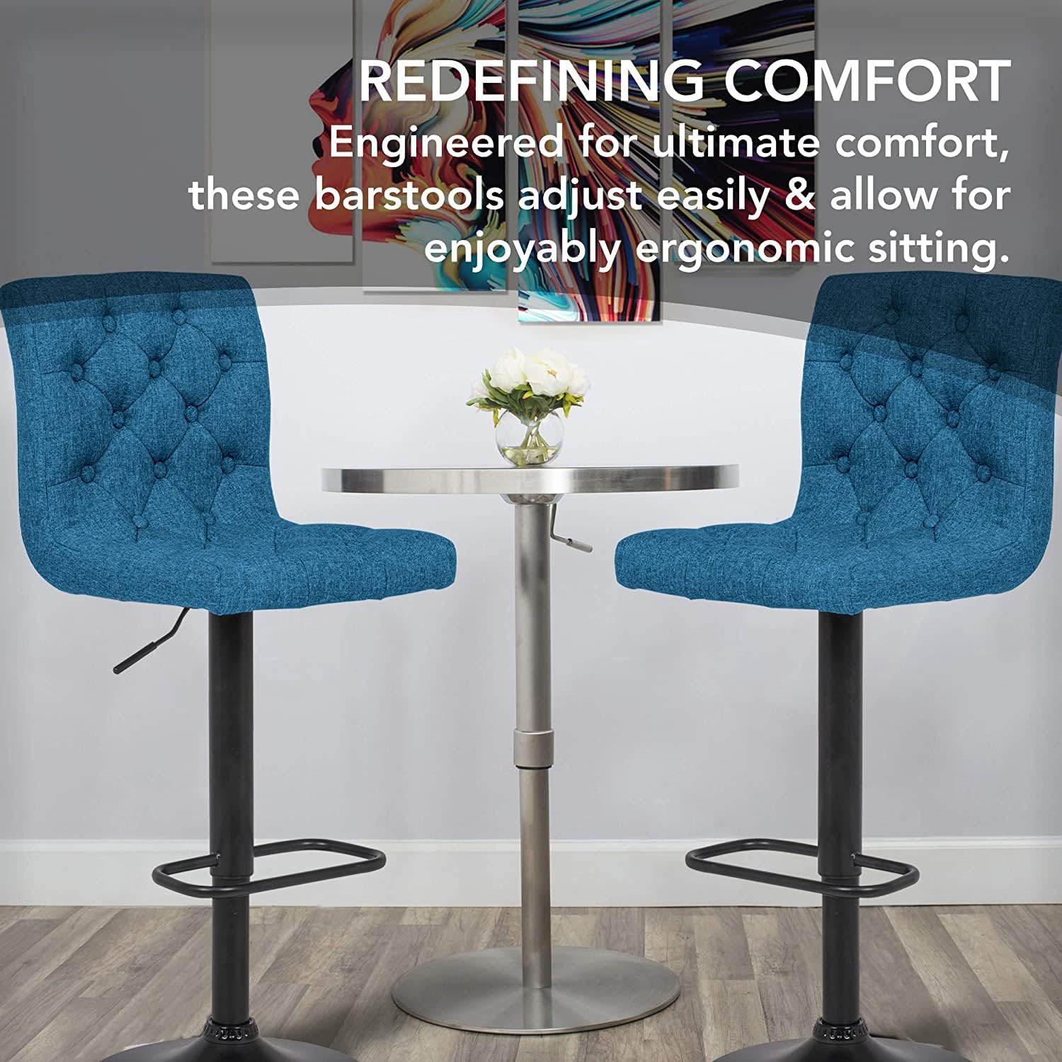 Halter Counter Height Swivel Bar Stools, Barstools Bar Height, Stool Chair, Modern Square Back with Diamond Stitched Pattern, Blue and Black, Set of 2