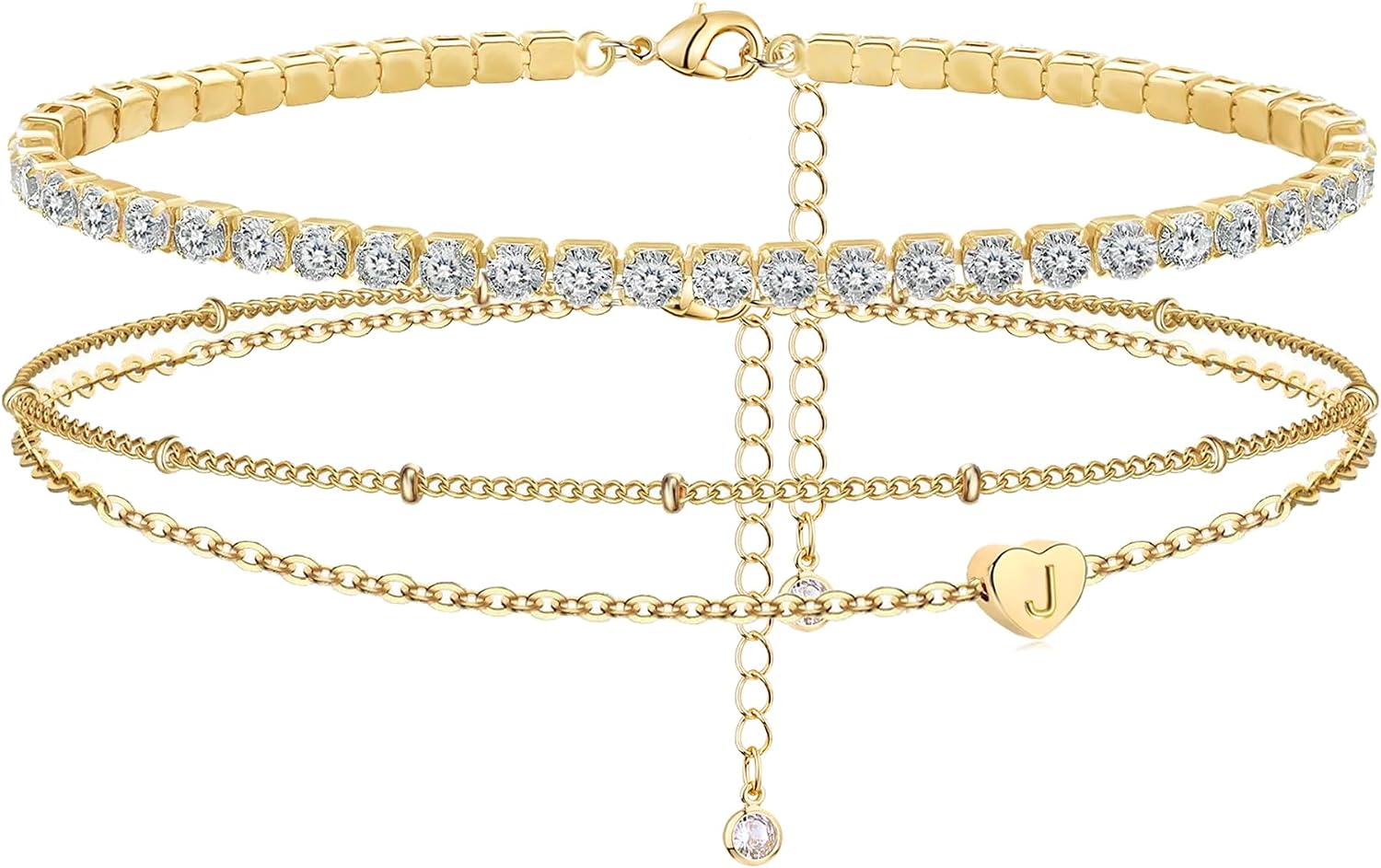 YANODA Initial Ankle Bracelets for Women, 14K Gold Plated Anklets for Women Waterproof Dainty Layered Heart Letter Initial Anklets Tennis Anklets Personalized Gifts for Women