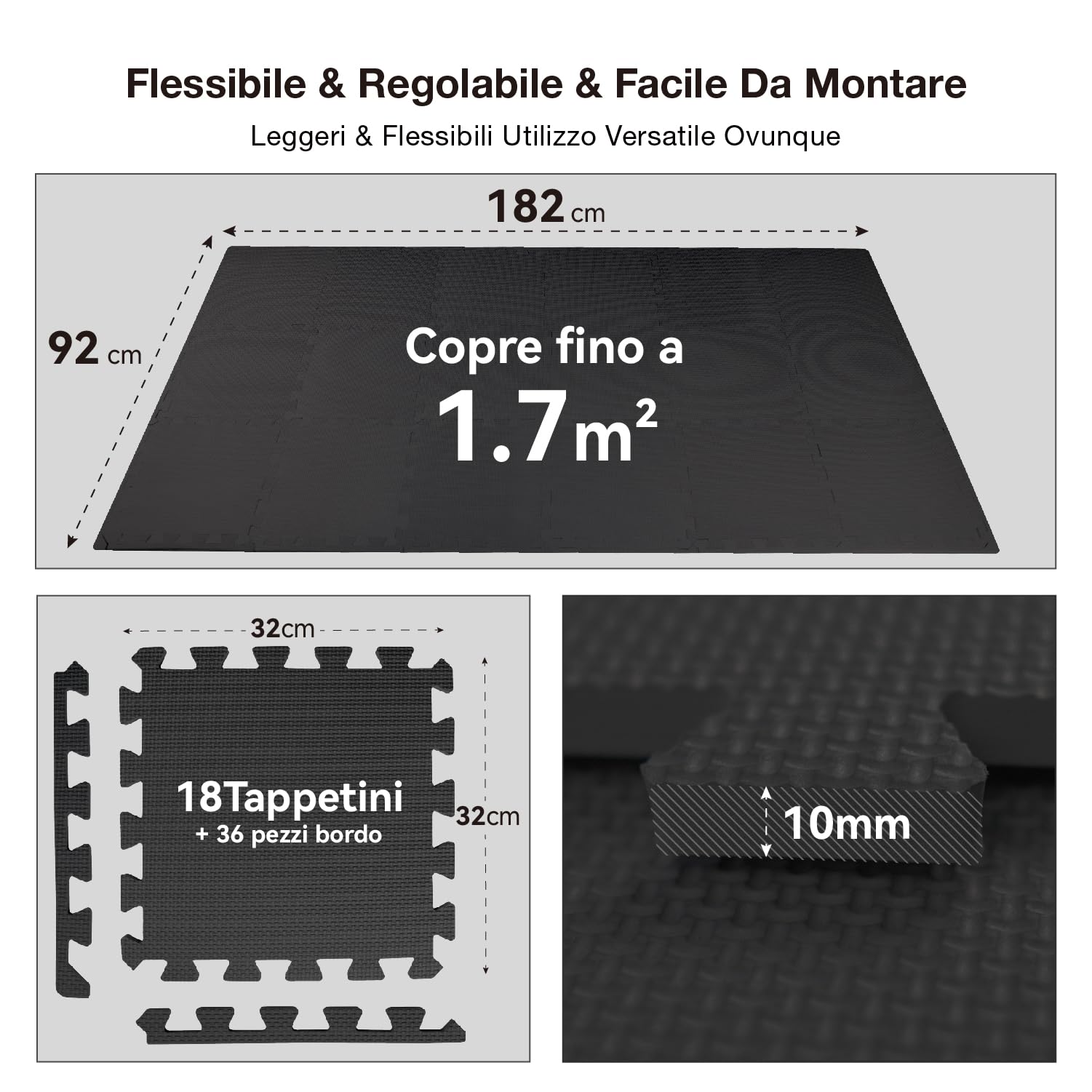 AIRHOP Set da 18 Pezzi Tappeto Palestra Puzzle in EVA ad Alta Densità, Ammortizzante e Antiscivolo, Ideali per Fitness, Yoga e Sport, Perfetti per Home Gym e per il Pavimento della Palestra, 30x30 cm