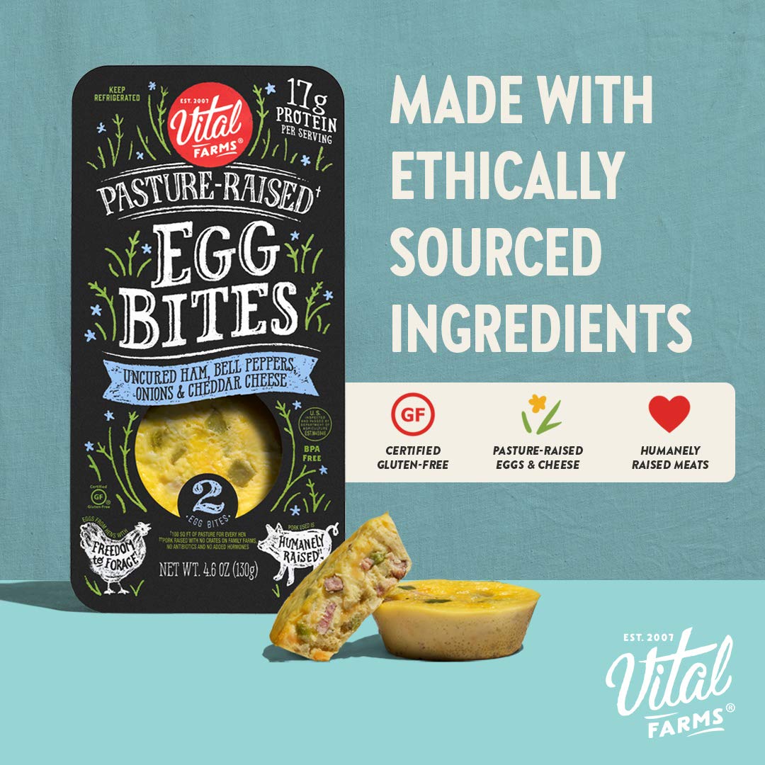 Vital Farms PastureRaised Egg Bites 2 Egg Bites , Uncured Ham, Bell Peppers, Onions & Cheddar Cheese, 4.6 Ounce