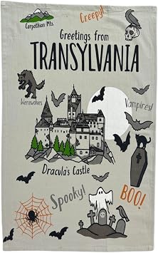 Serafina Home Halloween Kitchen Hand Dish Towel: Dracula's Castle with Bats Spiderwebs Ghosts Design, 100% Cotton, Two (2) Piece Set