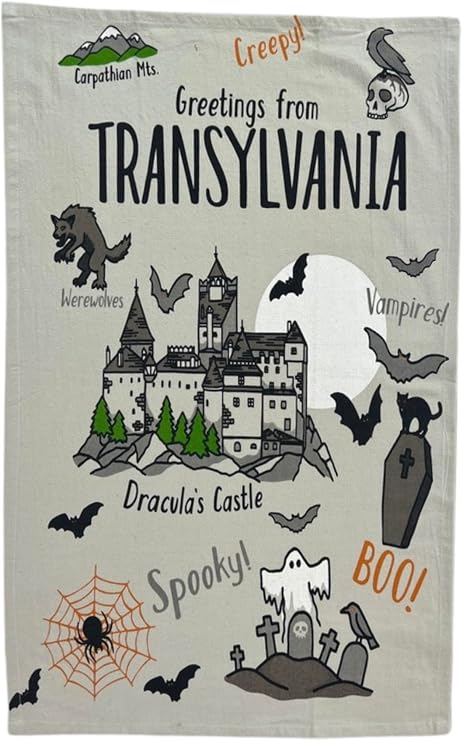 Serafina Home Halloween Kitchen Hand Dish Towel: Dracula's Castle with Bats Spiderwebs Ghosts Design, 100% Cotton, Two (2) Piece Set