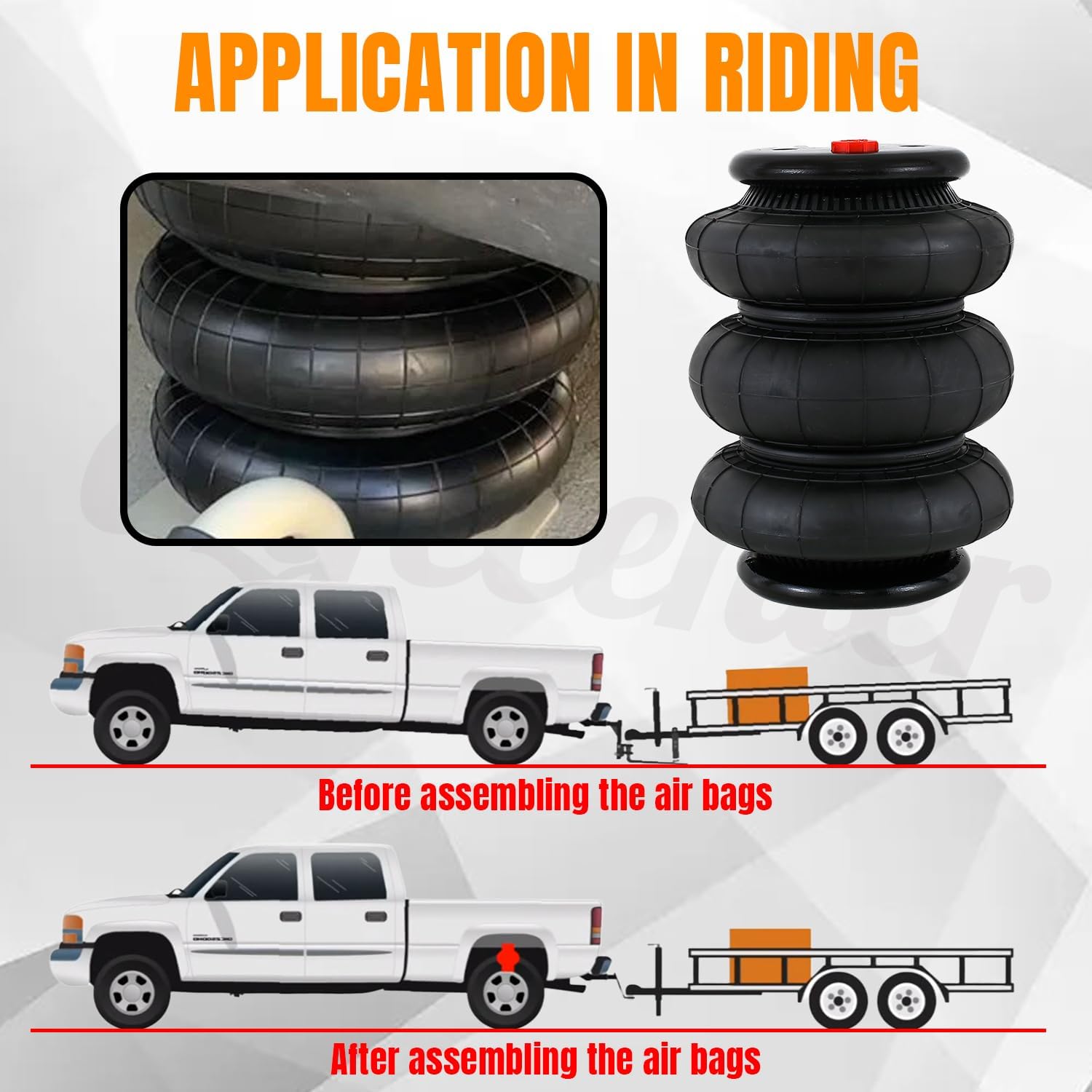 2 Pcs Triple Bellow Air Suspension Bags 2600 lbs Airbags 1/2" NPT Single Port Universal Replacement（Three Mounting Holes in Bottom）