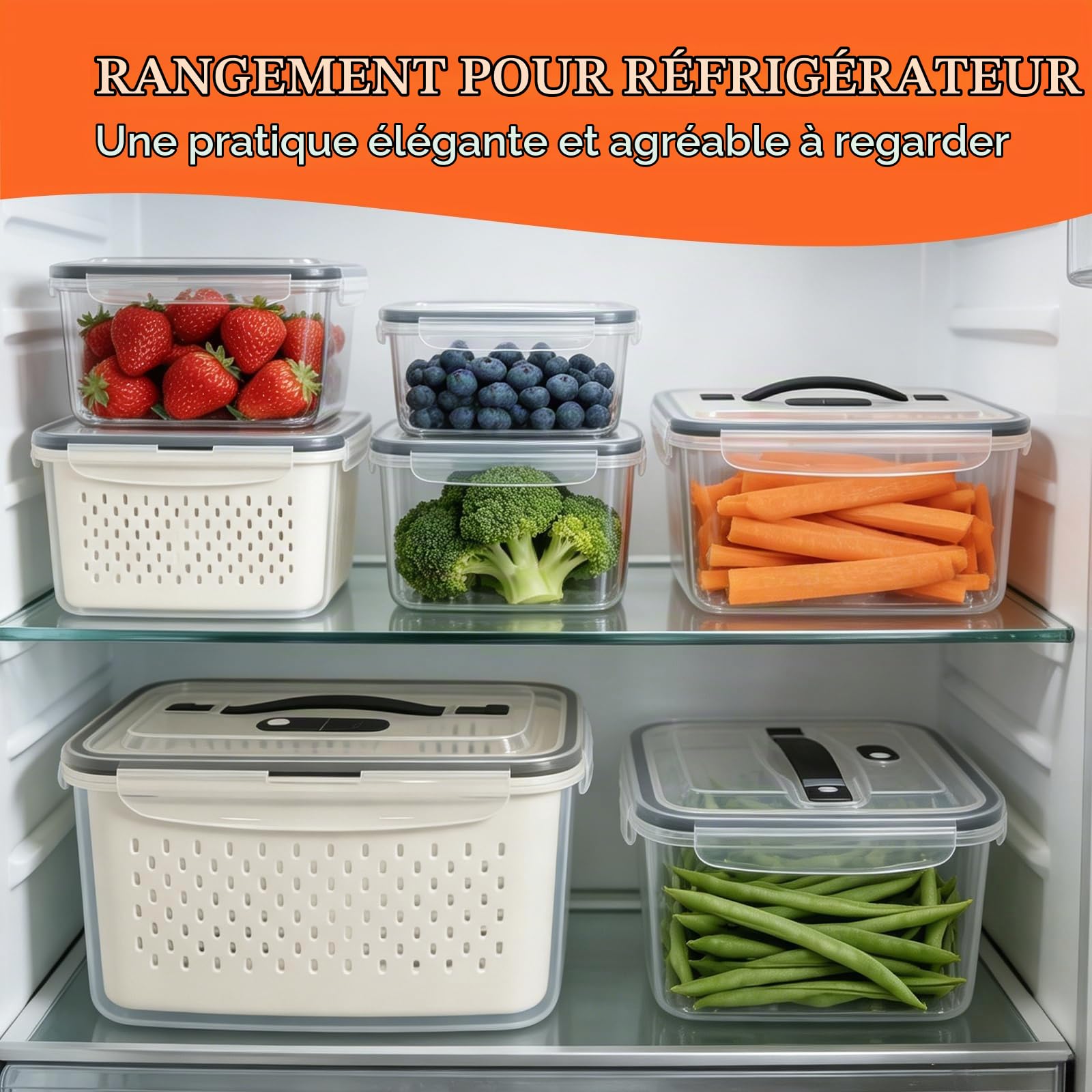 6 PC Boite Rangement Frigo, Organisateur Frigo（7.2L/4.55L/3.3L/1.85L/0.85L/0.38L） avec Passoire, Cloisons & Poignée, pour Salade/Légume/Fruit Fromage, BPA Free