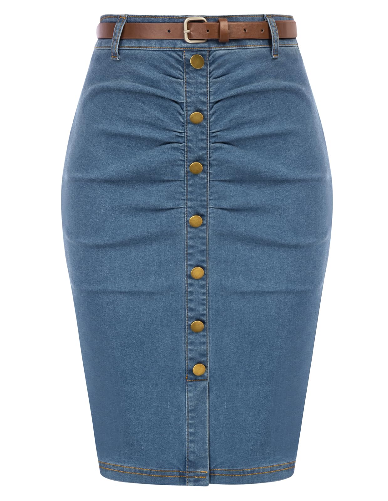 Belle Poque Denim Pencil Skirt for Women Ruched Bodycon Jeans Skirt with Belt High Waisted Pencil Skirts: Medium Light Blue