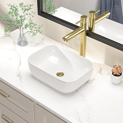 Dcolora - Fregadero rectangular de cerámica blanca de 19 x 15 pulgadas, lavabo de baño rectangular de porcelana blanca sobre mostrador