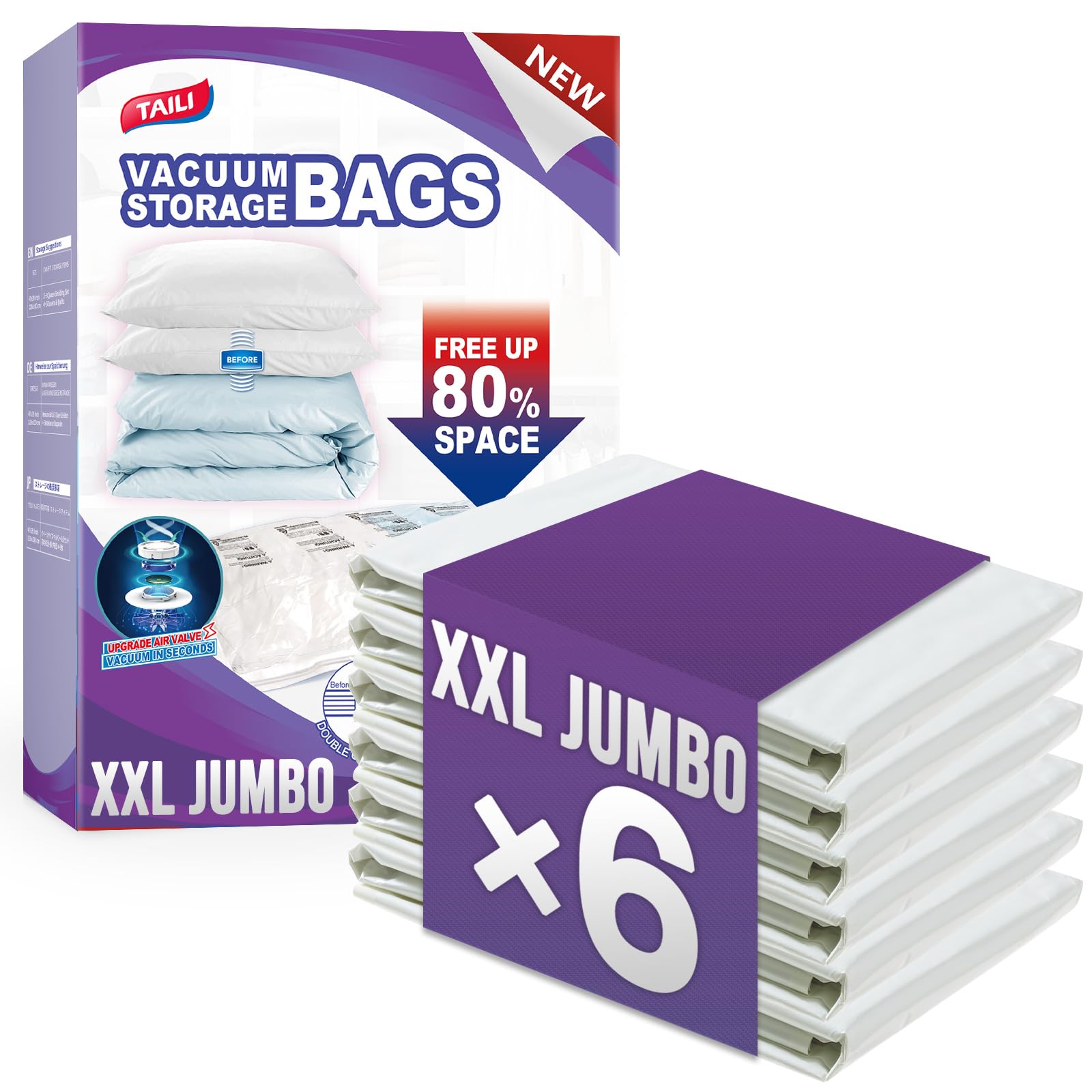 TAILI Vacuum Storage Bags 6 Pack, XXL Jumbo Size 47x39 Inch, Cream