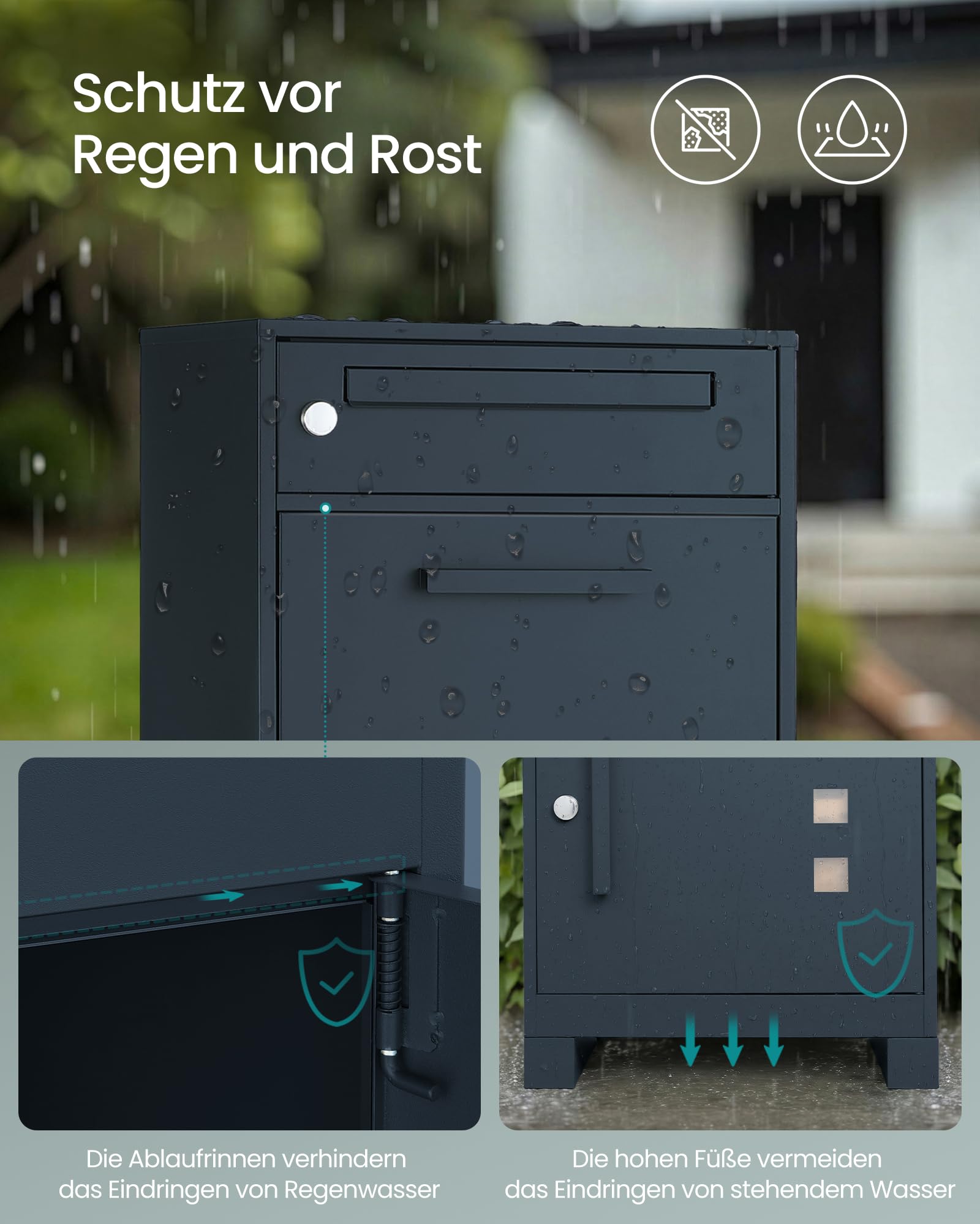 SONGMICS Paketbox, Paketbriefkasten, Briefkasten mit Paketfach, Paketkasten XXL, für Briefe, Pakete, Schloss mit Abdeckung, 2 Schlüssel, Stahl, anthrazit GMB091GZ01
