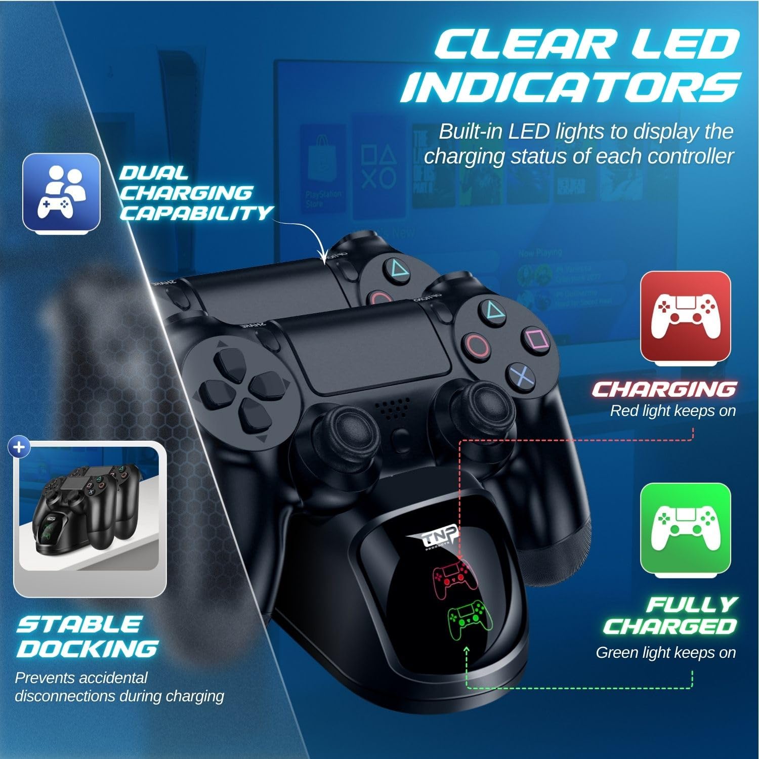 TNP Station de Charge pour Manette PS4-Chargeur Rapide avec Double Socle Port USB Dualshock et Base et Indicateur LED pour Sony Playstation 4 PS4 / Slim/Pro Contrôleur sans Fil avec Câble de Câble