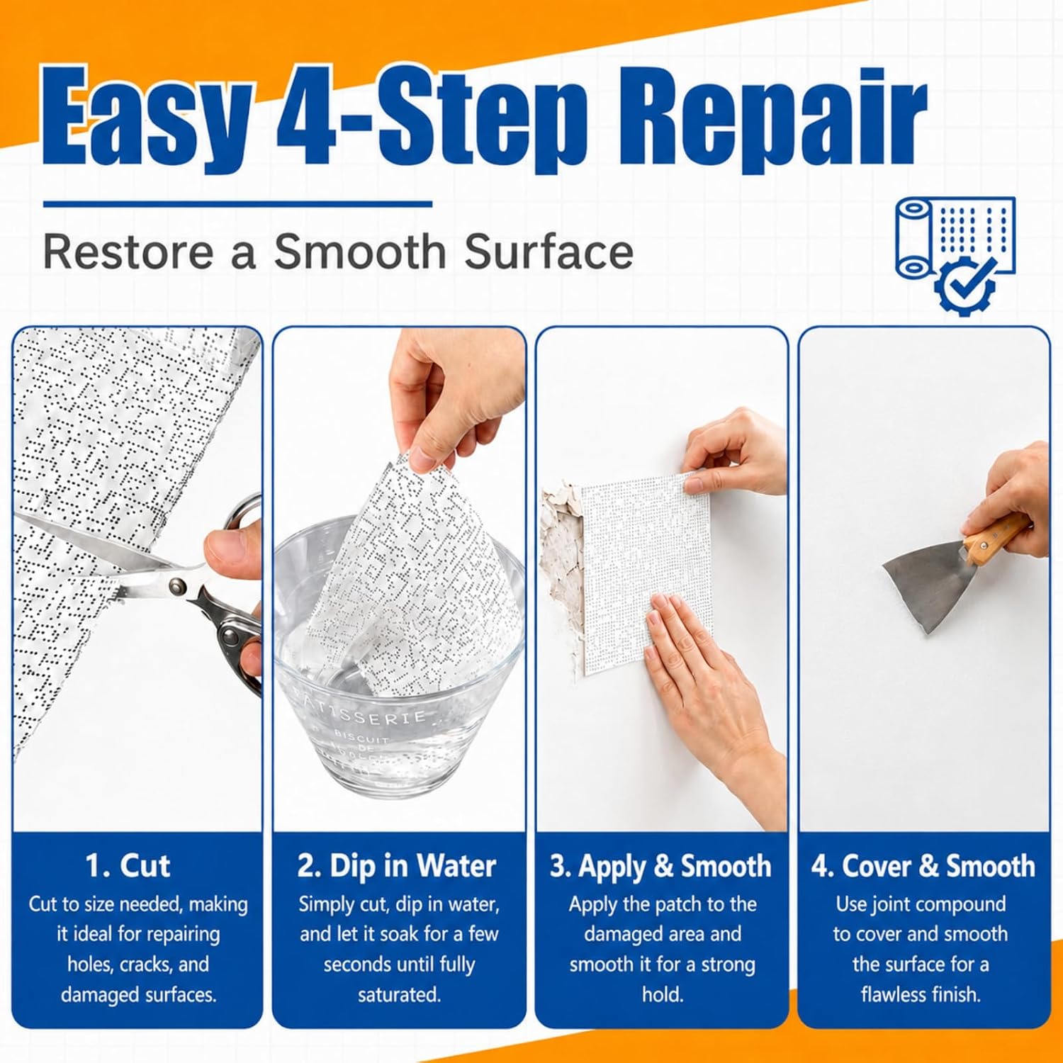 Wall Repair Patch Roll, 6 in x 15 ft Wet-Activated Drywall Patch Fabric for Home Wall and Ceiling, Cut-to-fit Repair Material for Holes, Cracks and Damaged Surfaces