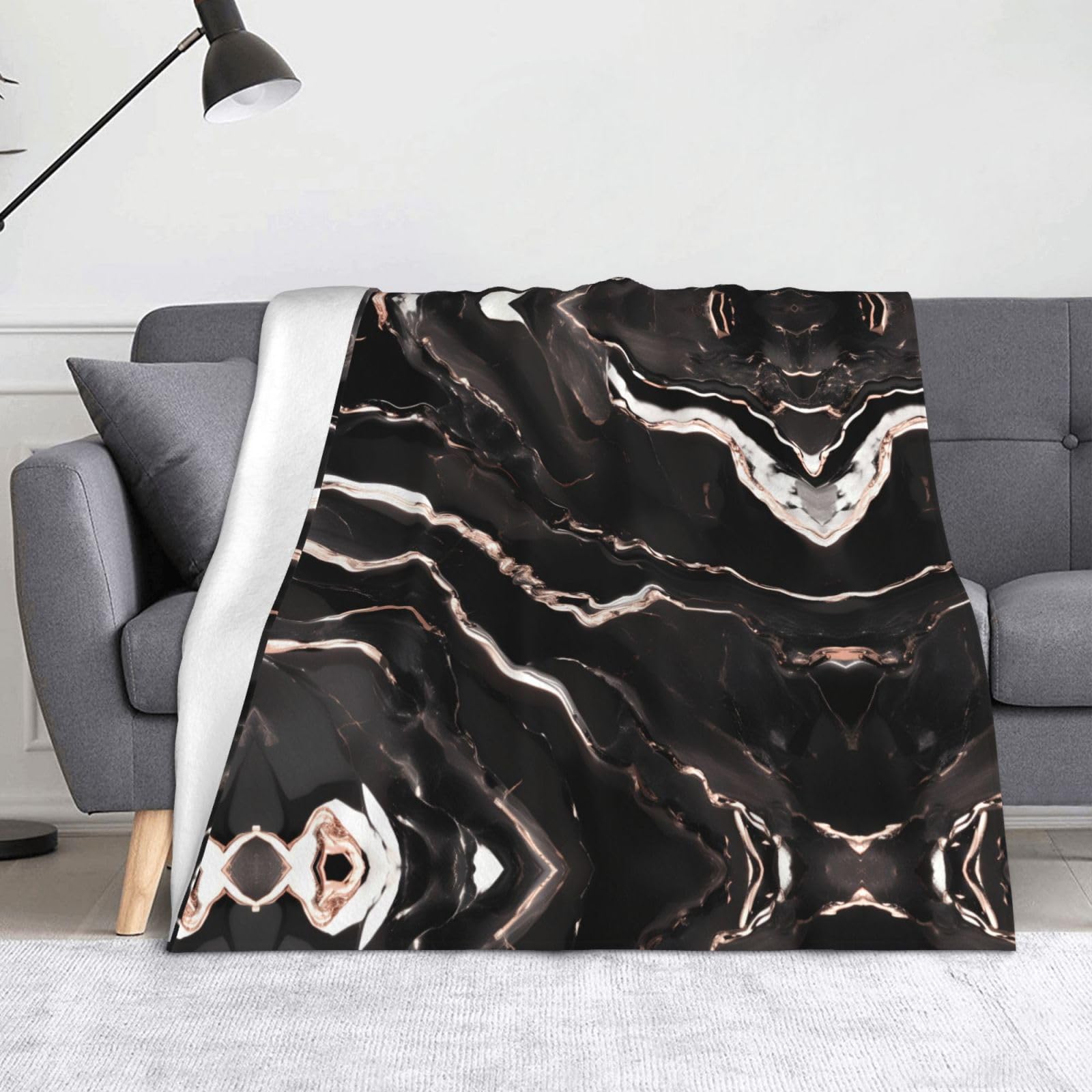 Couverture flanelle marbre noir or rose 127x152 cm pour lit et canapé