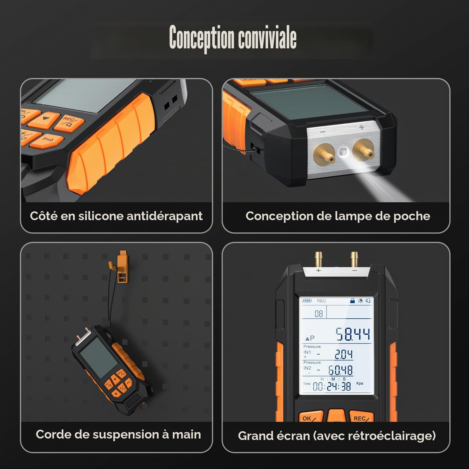 Manomètre Numérique Différentiel, -100-200 KPA Testeur de de Gaz, Double Port HVAC Manomètre, 10 Unités Sélectionnables, Précision ±0.3% Testeur de Pression d'Air