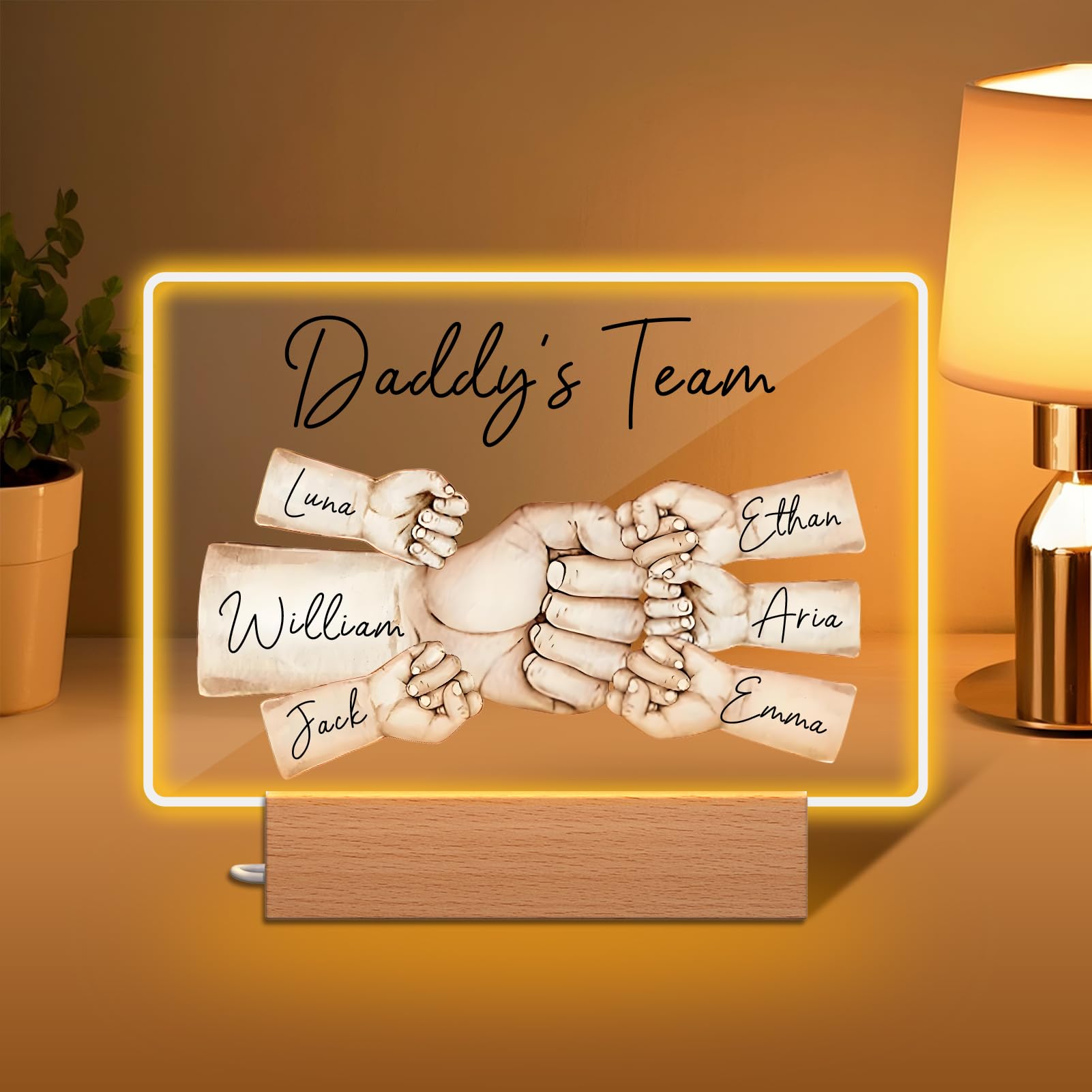 Personalised Fathers Day Gift, Custom Daddy's Team Fist Bump LED Night Light with 1-5 Kids' Names, Unique Presents for Dad, Grandpa, Husband | Daddy Gifts for Birthday, First Time Dad, Home Decor
