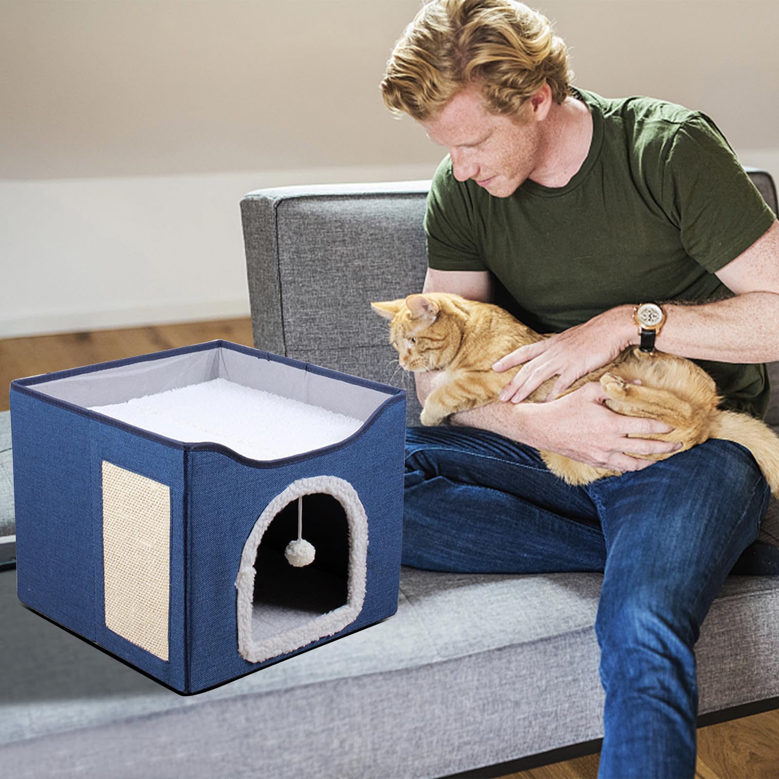 PETCUTE Cuccia Pieghevole per Gatti,Cuccia Gatto Chiusa Interno con Pannello Tiragraffi e Pallina,Casetta per Gatti con Cuscino Rimovibile e Lavabile,Cuccia per Gatti e Cani di Piccola Taglia