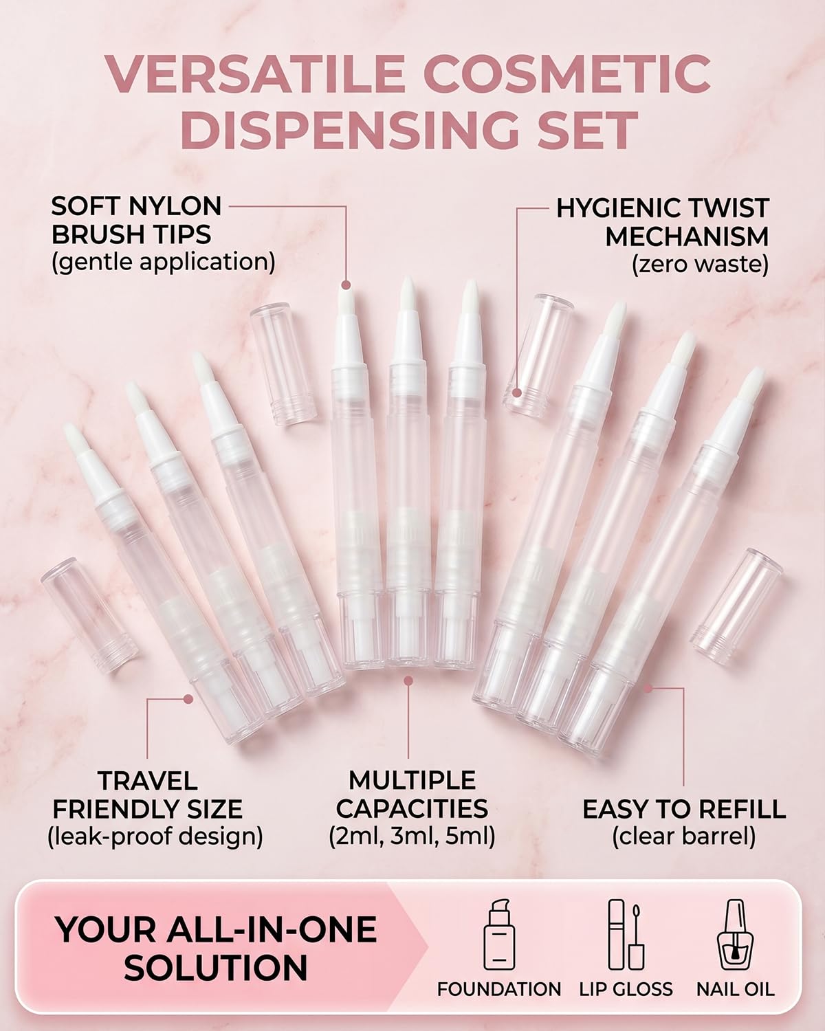 TISCH Penne Applicatore Ricaricabili 9pz, Trasparenti con Pennello (2ml, 3ml, 5ml, 3 pezzi ciascuno) per Olio Cuticole Unghie, Siero, Fondotinta e Gloss Labbra
