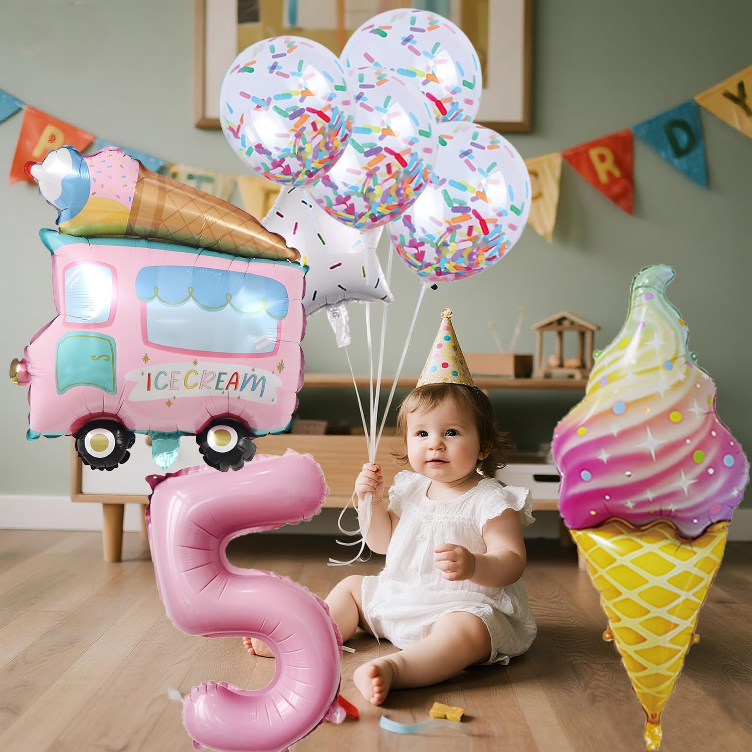 Ice Cream Birthday Decorations, 8 Pcs Ice Cream Balloons 5th Birthday Decorations for Girls, 40 Inch Number 5 Foil Mylar Balloon,Confetti Balloons for Birthday Party Supplies Decor (pink five)