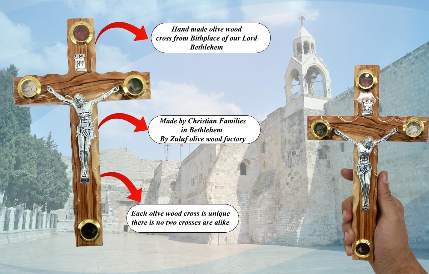 Zuluf 9.8" Olive Wood Wall Crucifix Catholic Cross with Metal Jesus Latin Christian Gift from Bethlehem CRS042