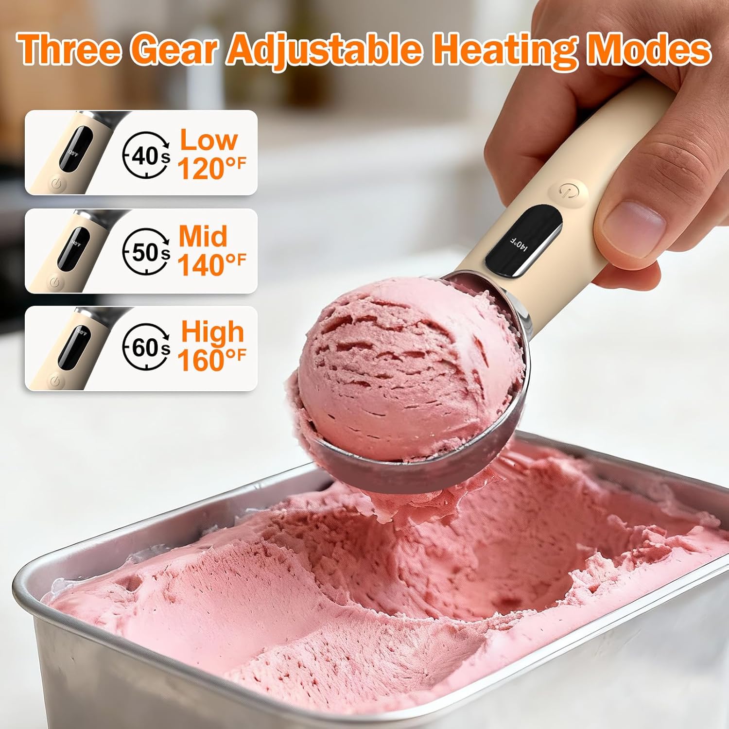 Heated Ice Cream Scoop for Hard Ice Cream, 3-Speed Electric Ice Cream Scooper with USB-C Fast Charging, Cordless & Rechargeable, Ergonomic Handle for Arthritis & Weak Hands,LED Display, Easy to Clean