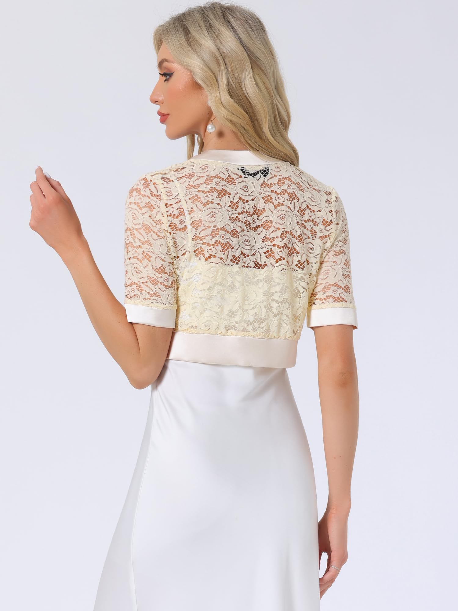 Allegra K Boléro en dentelle pour femme - Cardigan court en dentelle florale transparente | Boléro en satin Idéal pour un mariage, un cocktail, une église. Veste cardigan cache-maillot pour robes