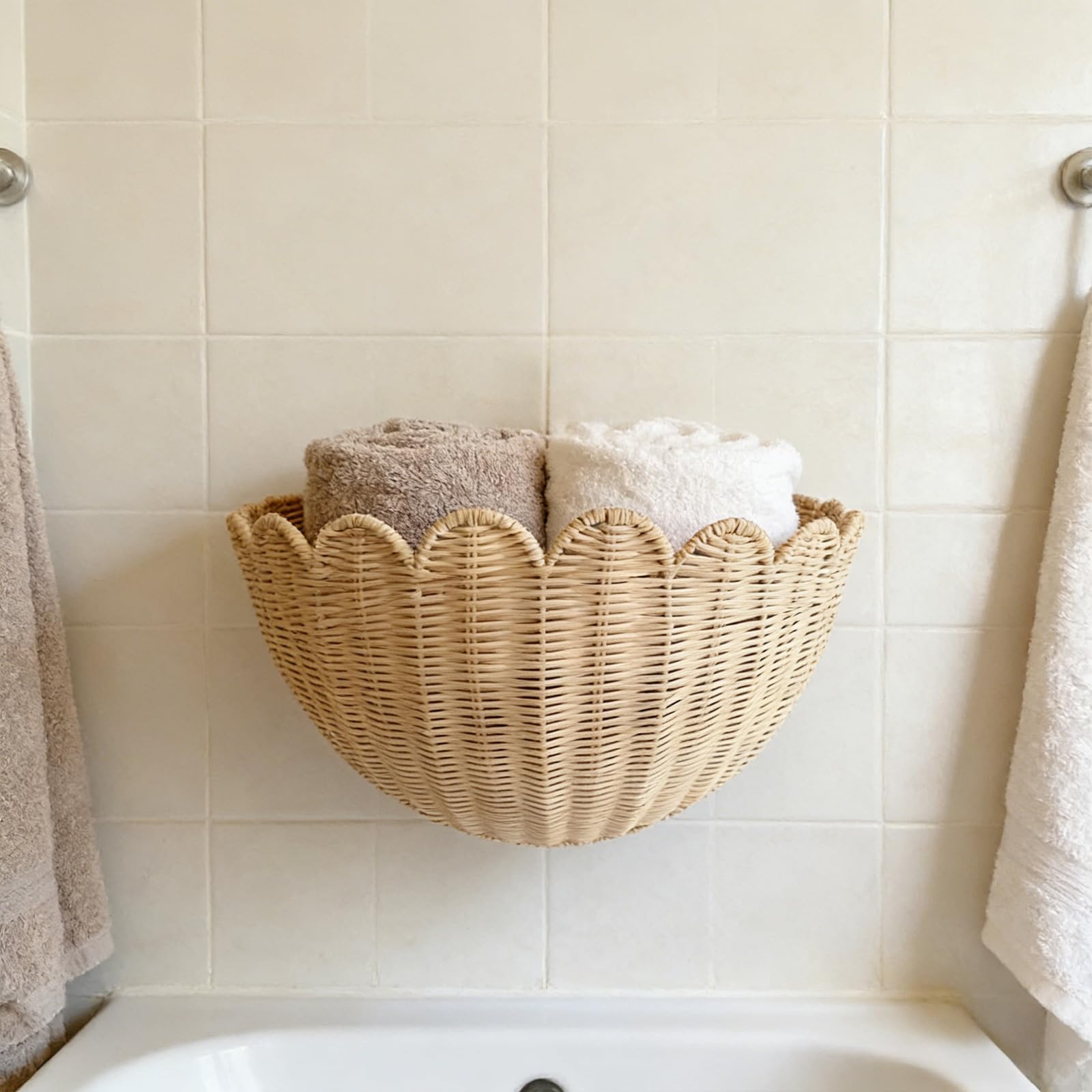 Cesta de mimbre para pared, almacenamiento festoneado rústico para frutas, verduras, plantas, artículos de tocador, decoración ideal para cocina, baño, sala de estar, guardería, 14 x 6 x 8 pulgadas