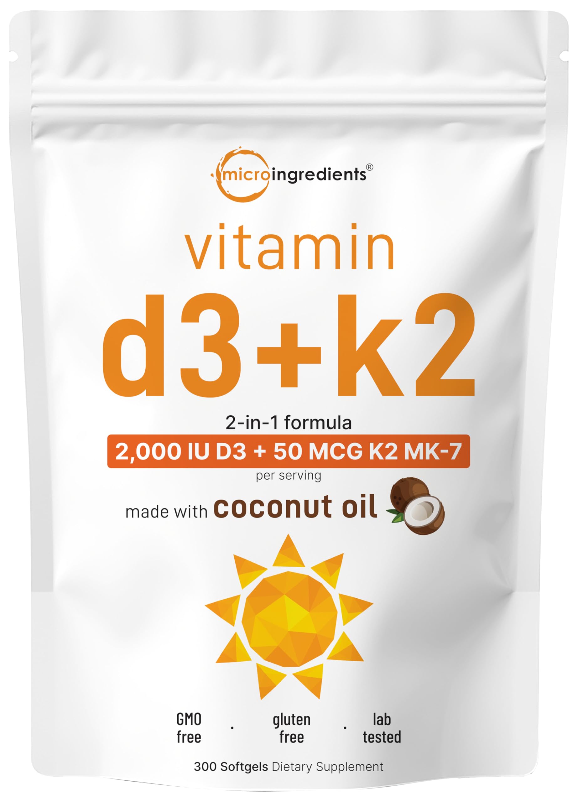 Microingredientes: Vitamina D3 2000 UI + K2 MK-7 50 mcg, 300 cápsulas blandas | Aceite de coco virgen | 2 en 1: apoyo para huesos, sistema inmunitario y corazón | Fácil de tragar, sin OMG