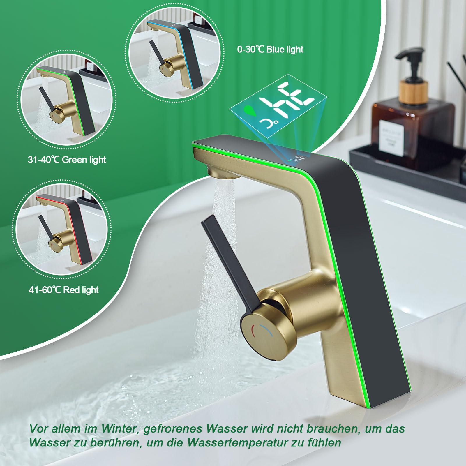 Grifo de baño con indicador de Temperatura LED,Grifo mezclador para baño con caño altura 130 mm, grifo monomando de latón,Dorado