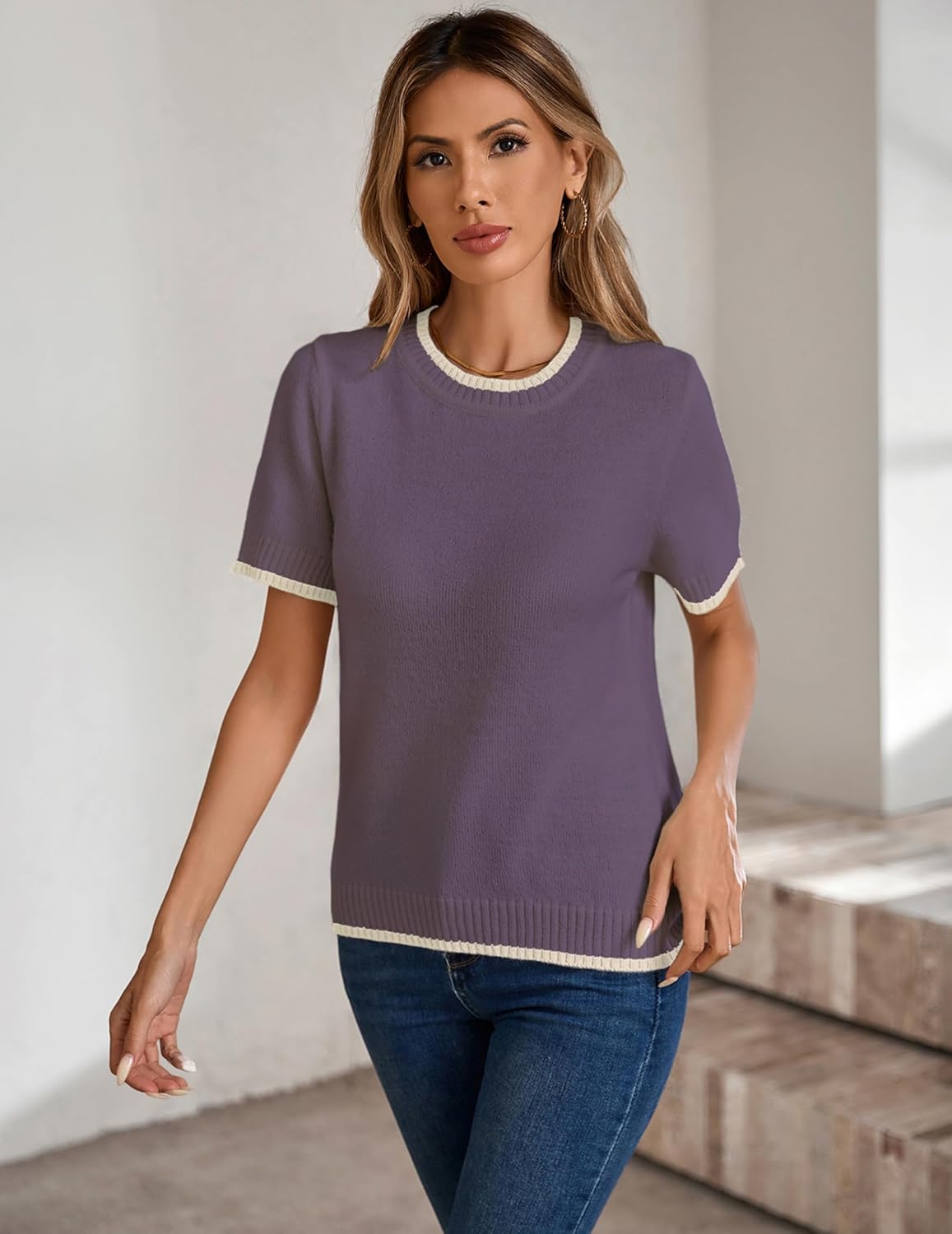 Womens Lightweight Cute Short Sleeve Sweater Spring 2025 Trendy Outfits Crewneck Thin Sheer Knit T-Shirt Tops - Image 5