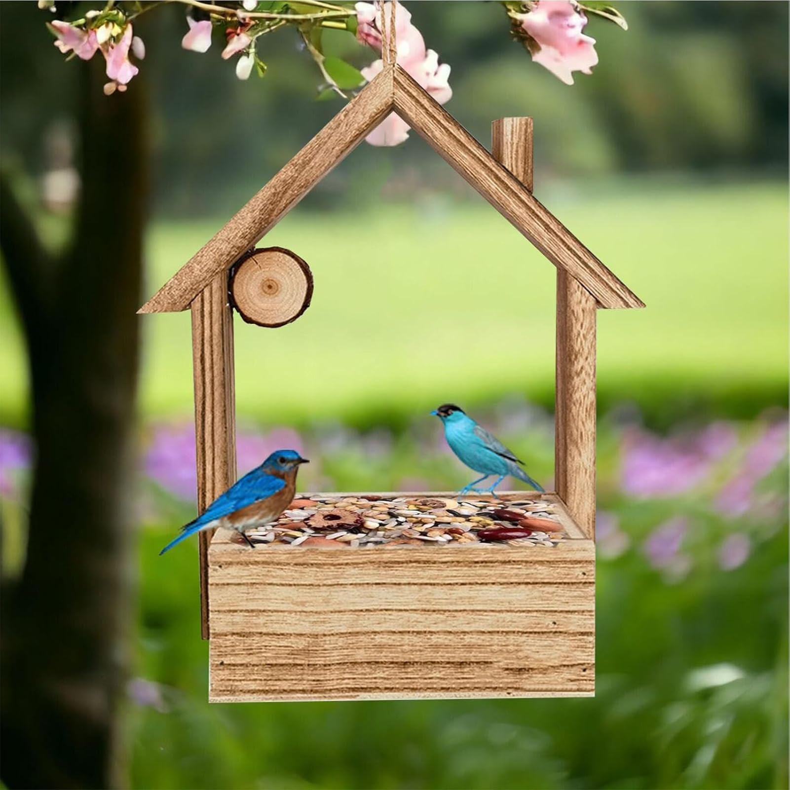Decoración de Pared en Forma de casita para pájaros con Maceta, comedero para Aves Silvestres de Exterior, casita de Madera con Flores Artificiales