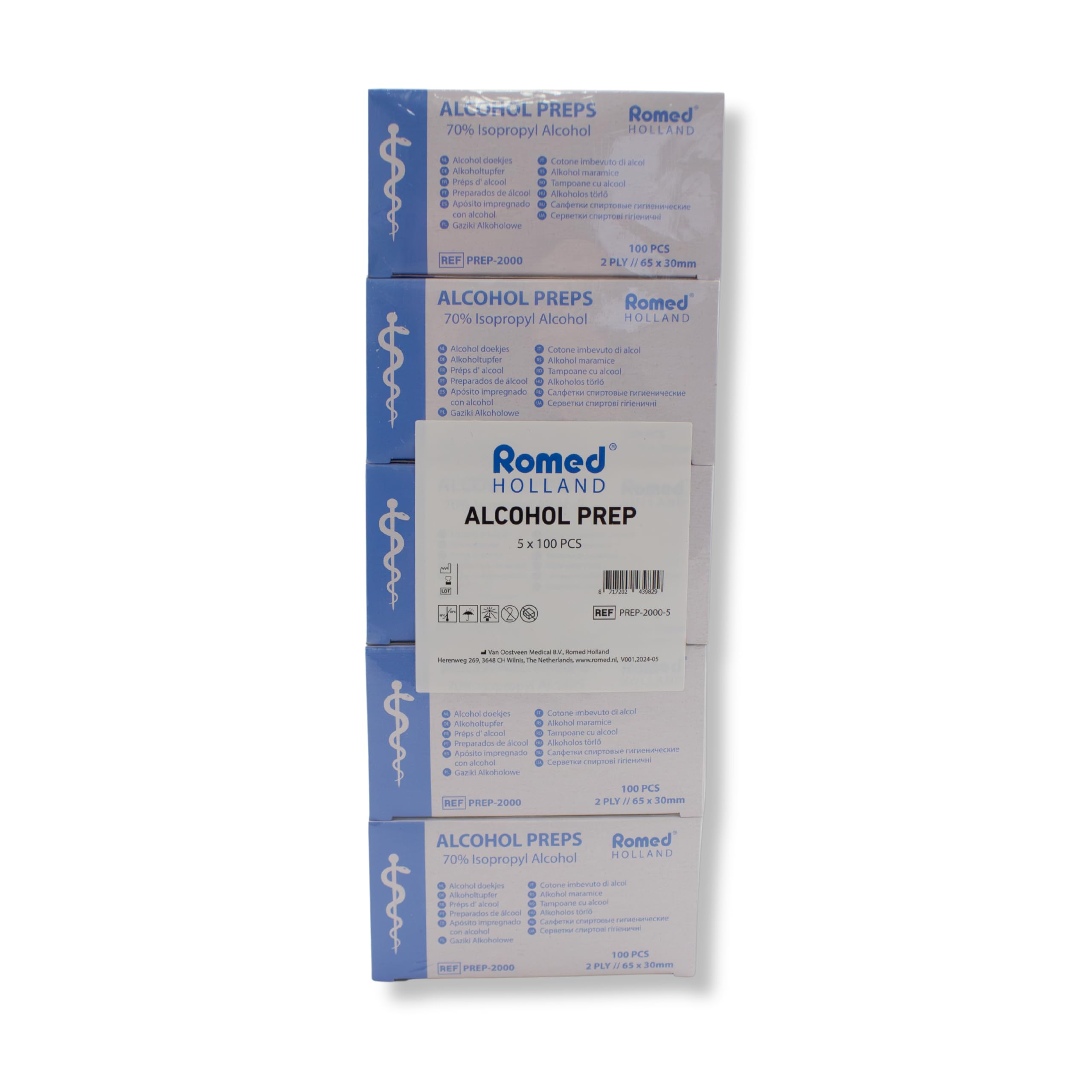 Romed Alkoholtupfer 65 x 30 mm, 2-lagig, Spar-Set 5 x 100 Stück, hygienisch eingesiegelt (1 Set = 1 x 5 x 100 Stück)