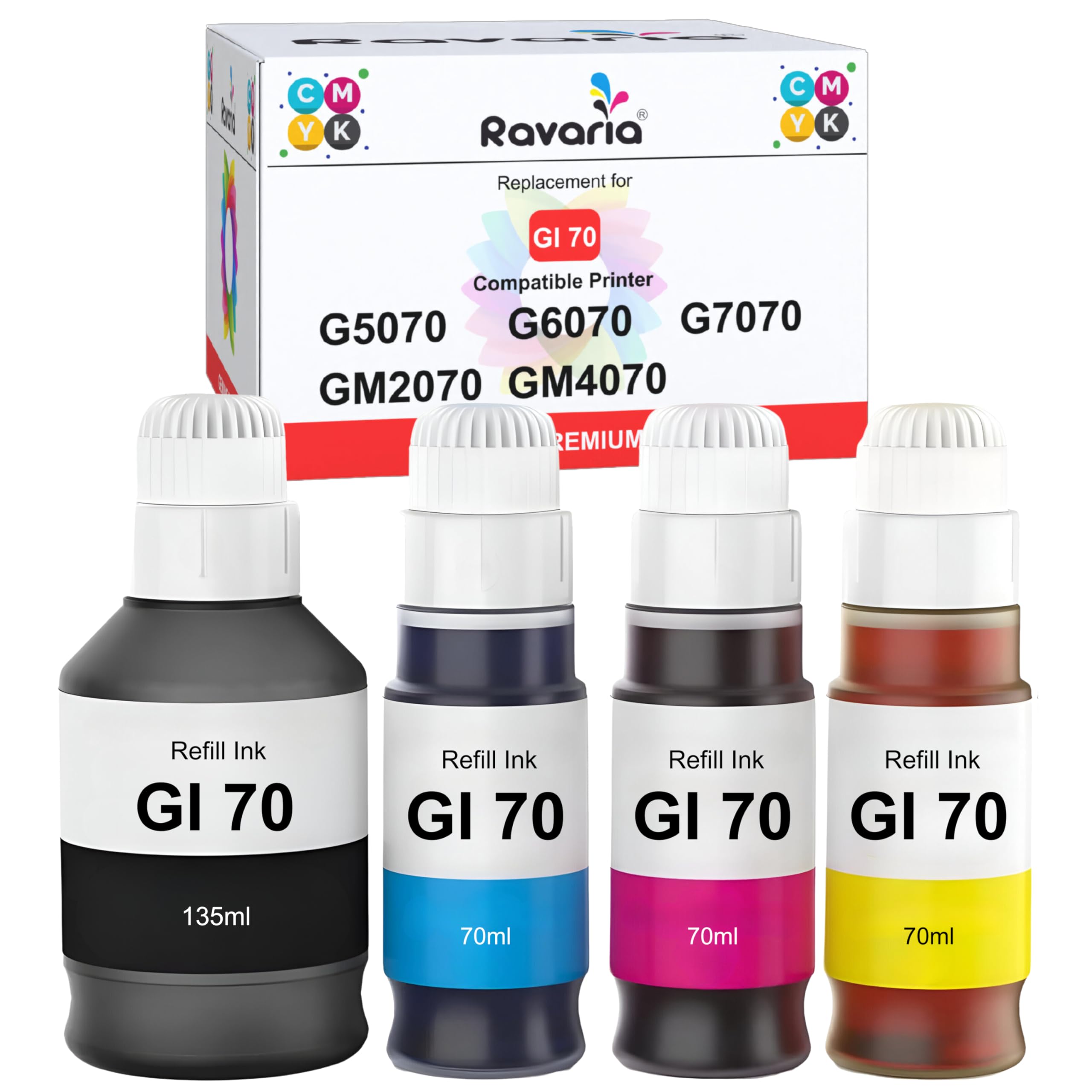 Ravaria GI 70 Compatible Ink for Canon Pixma G5070 G6070 G7070 GM2070 GM4070 Printer (GI 70 Ink CMYK (4 Color Set))