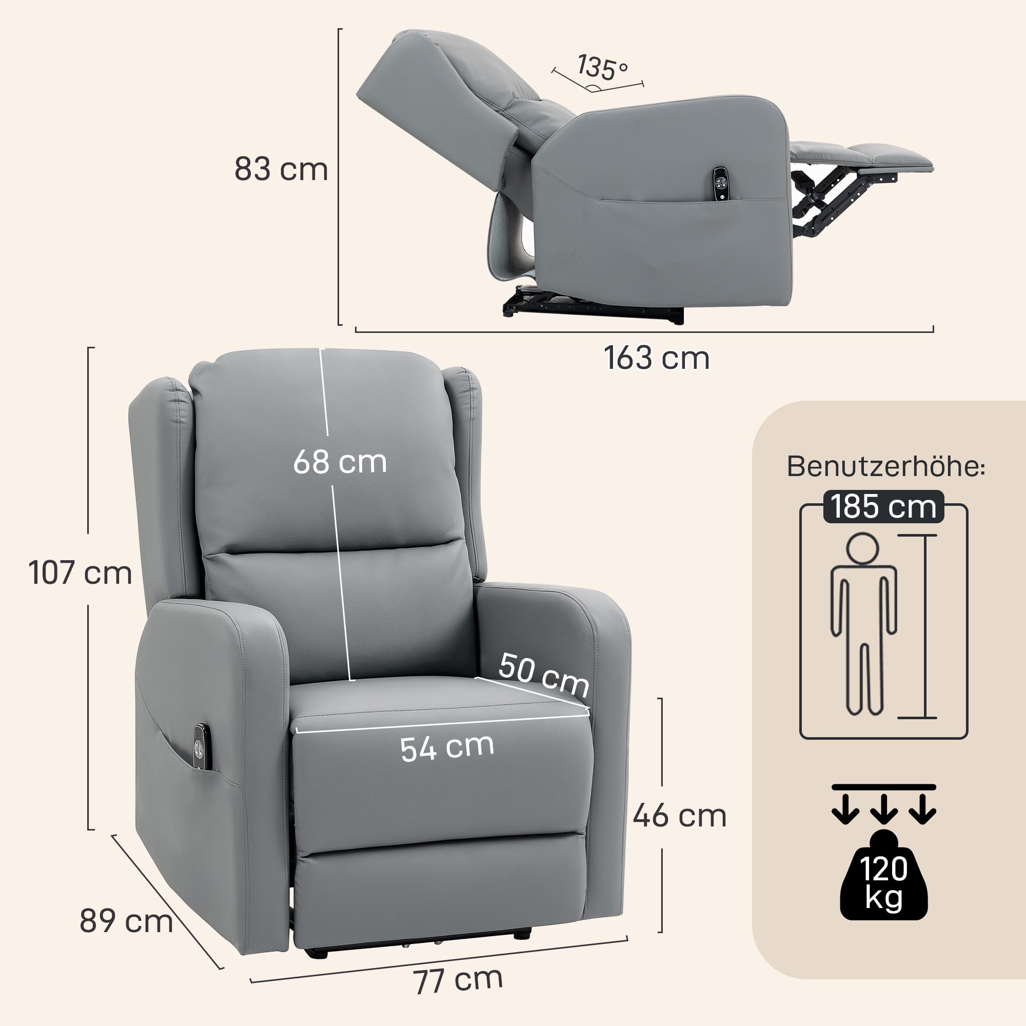 HOMCOM Relaxsessel Elektrisch Fernsehsessel mit 3D Knetmassage, Massagesessel mit Liegefunktion, Gepolstert TV Sessel mit Fernbedienung, Fußteil und Seitentasche, Ledermischung, für Wohnzimmer, Grau