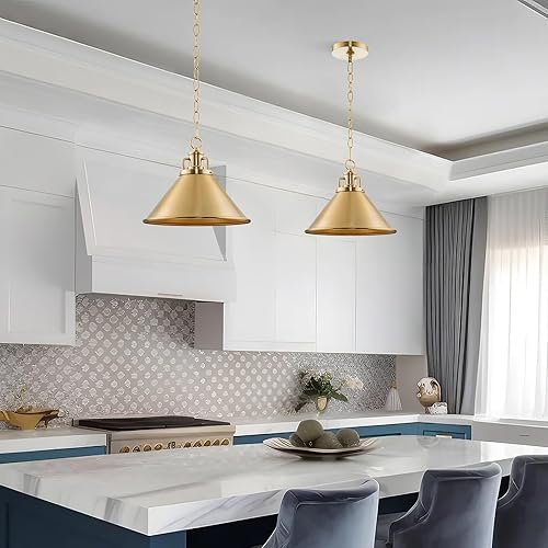 Miniatura 5 de Kira Home Romine - Lámpara colgante moderna de 12 pulgadas + pantalla cónica de metal, altura ajustable, acabado de latón frío