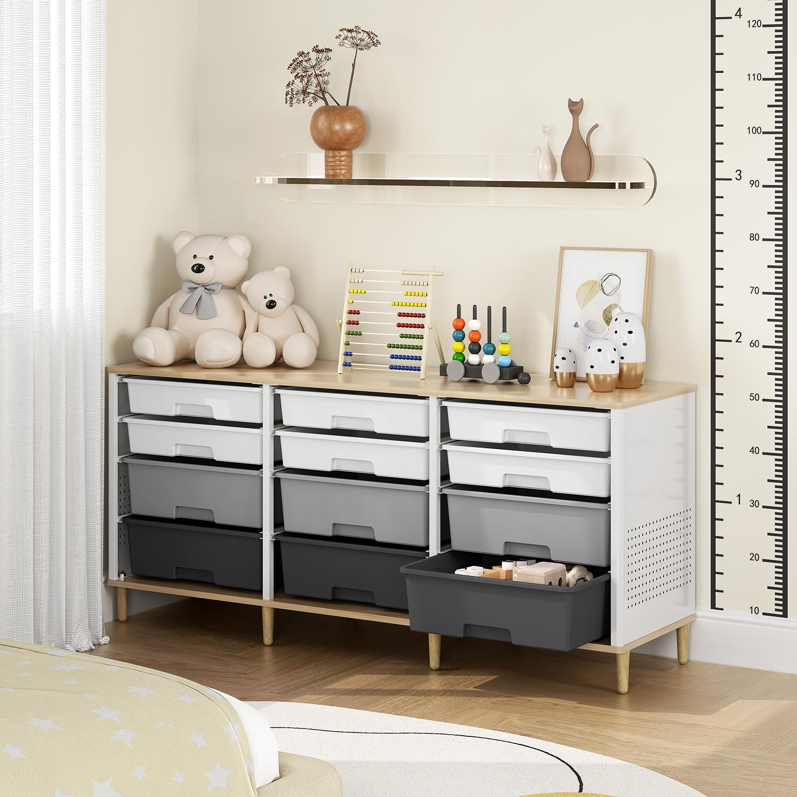 KINGRACK Cajones Almacenajeo 12 Cajones y Paneles Frontales de Madera—Una Solución de Almacenamiento Versátil para Hogares y Oficinas (Gris)