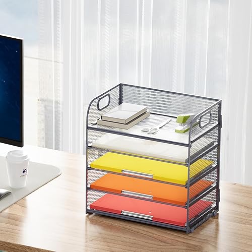 Miniatura 6 de Lavatino Organizador de archivos de escritorio de 5 bandejas, organizador de bandejas de cartas de malla con asa, organizador de archivos de