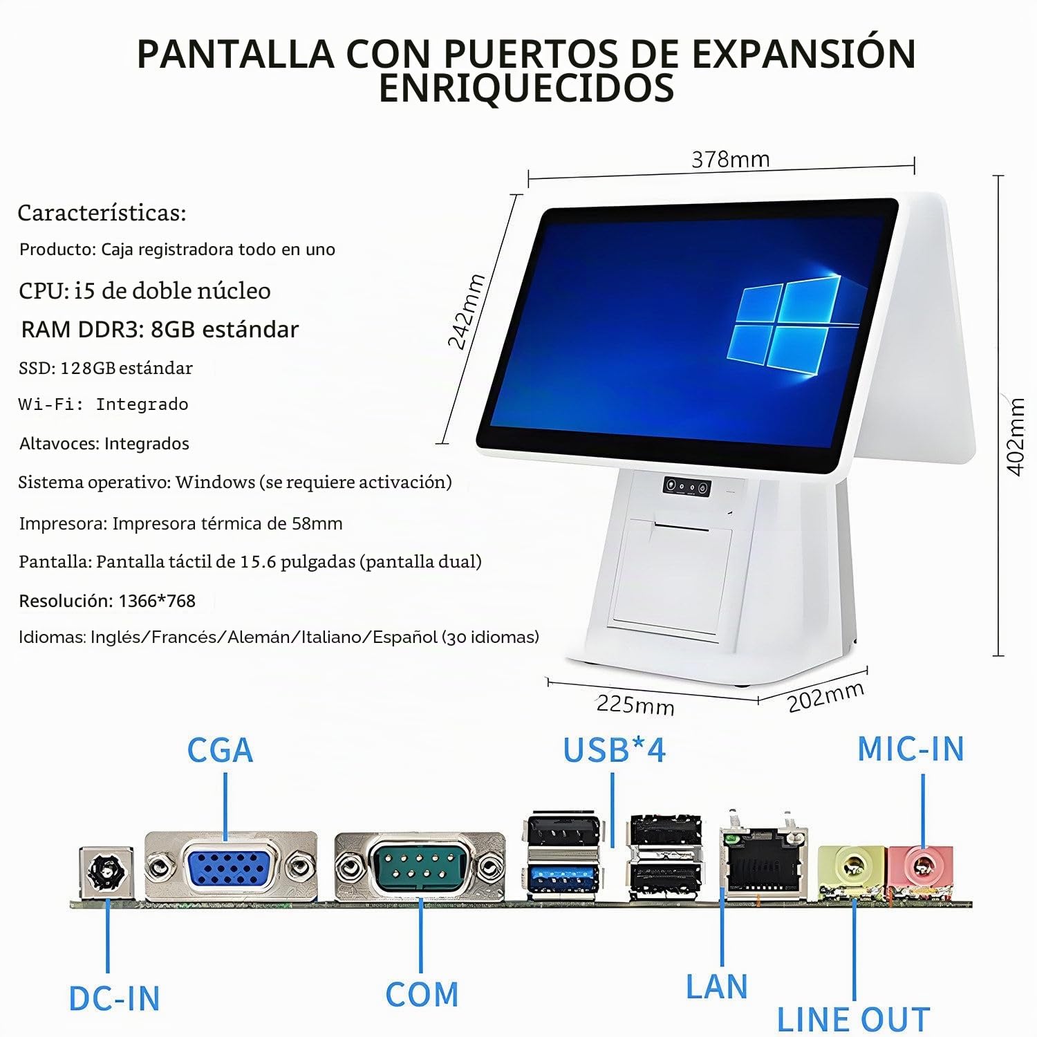 Sistemas TPV para restaurantes con Doble Pantalla táctil de 15,6 Pulgadas: Caja registradora Todo en uno para pequeños Negocios, 8 GB de RAM, 128 GB de SSD, Terminal de Pago para Tiendas