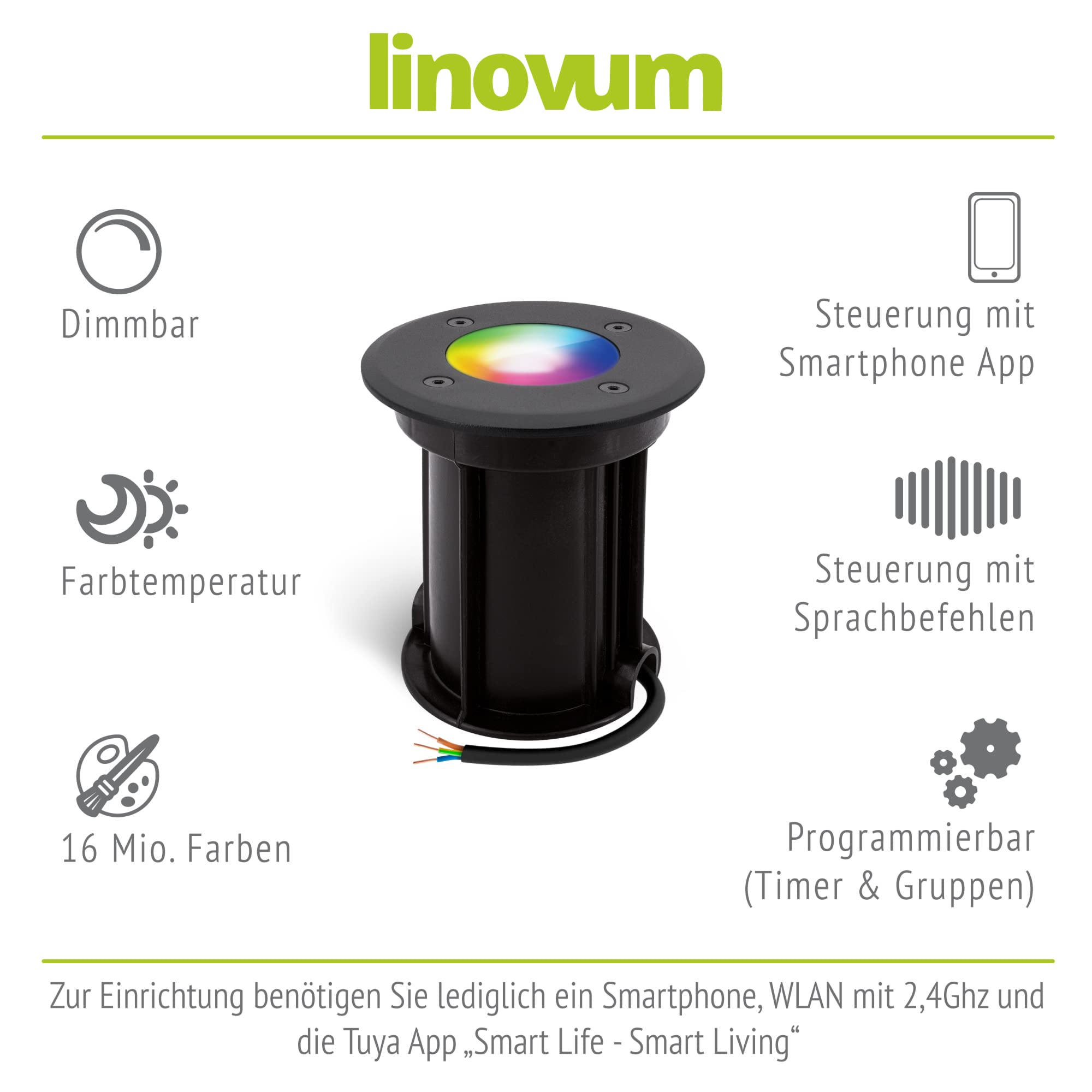 linovum BORU Bodeneinbaustrahler 4er Set schwarz Smart GU10 WLAN RGBW IP67 | Vier befahrbare Bodenstrahler bis 500kg - per App & Alexa steuerbar, RGB-Farblicht, für Garten & Wege, IP67, inkl. LED