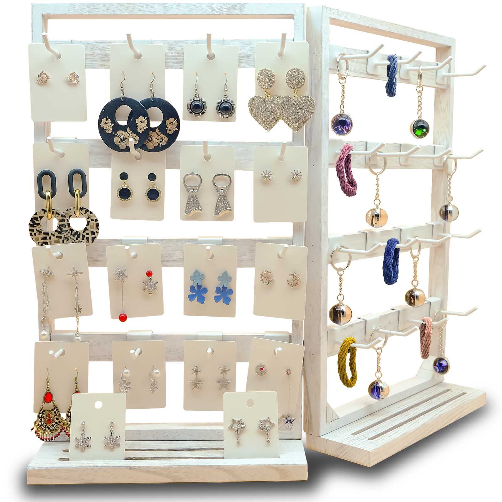 JewackJewack Wooden Foldable Jewelry Display Stand with Removable 32 Hooks, Earring Cards necklace bracelet Keychain Showcase Merchandise Organizer For Selling For vendor events(White)