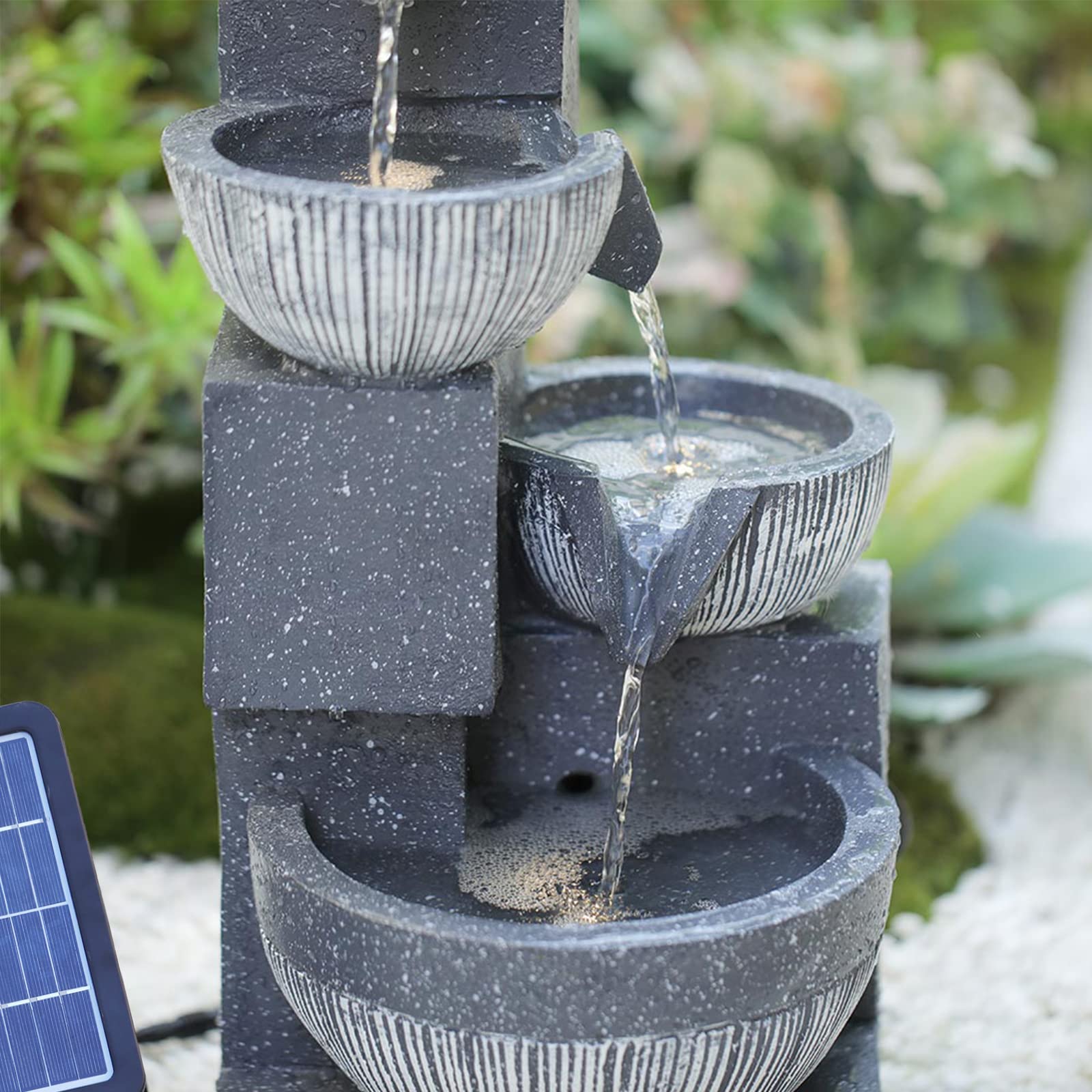 BTGGG Solarbrunnen für Draussen, 4-Stufiger Springbrunnen Solar mit LED Beleuchtung, Solar Springbrunnen für Außen, Gartenbrunnen Zimmerbrunnen Wasserspiel Solar für Garten, Terrasse, Balkon Deko
