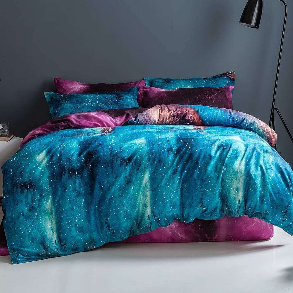 Girls Galaxy Star Duvet Cover Single Size Kids Outer Space Milky Way Bedding Set Reversible Luxury Purple Blue Starry Sky Night Comforter Cover For Teens Children Adults Bedroom Decor Soft Zipper - Image 2