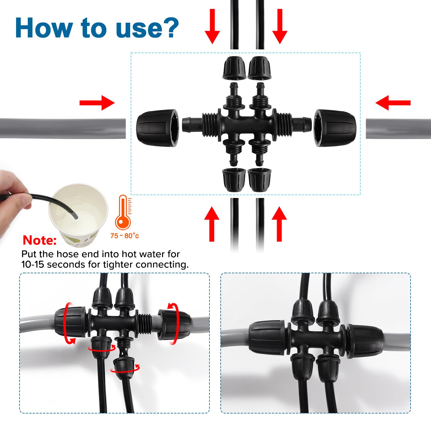 VooGenzek 6 PCS Barbed Tee Connector for Drip Irrigation 6-Way Anti-Drop 8/12 mm to 4/7 mm Irrigation Tube Fitting - Image 4