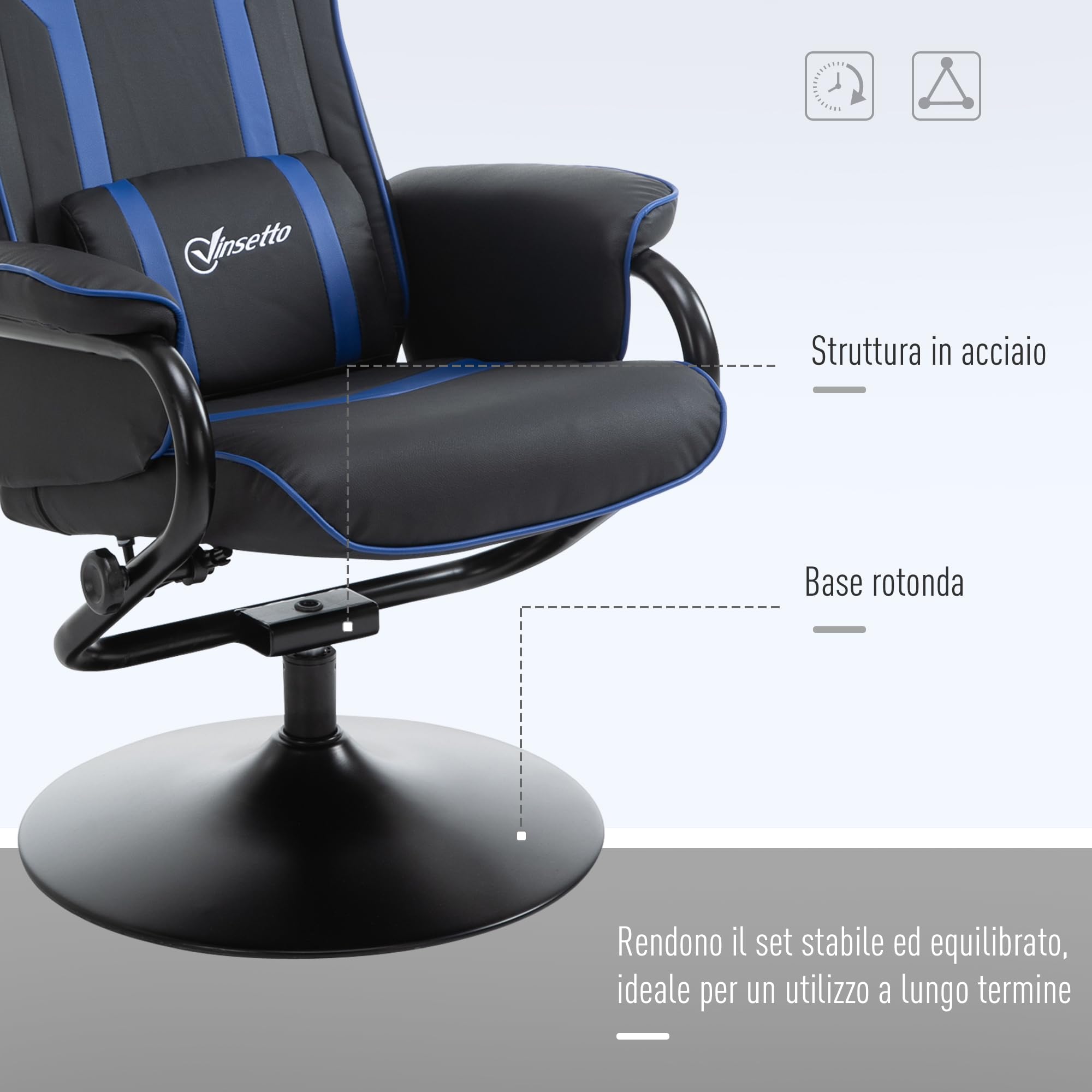 Vinsetto Set 2 Pezzi Poltrona Gaming Reclinabile con Sgabello Poggiapiedi, Inclinazione 130° e Supporto Lombare, Nero e Blu Scuro