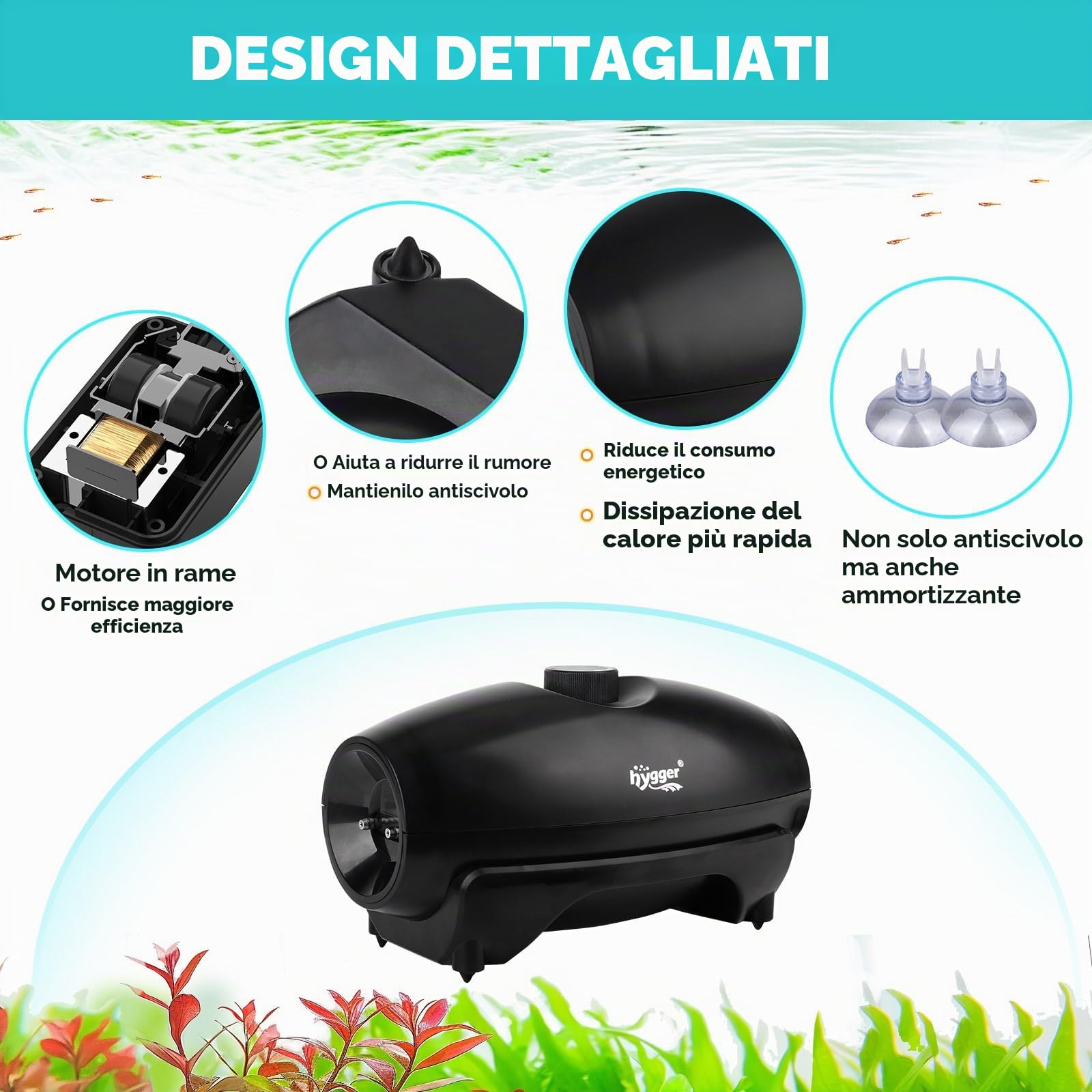 hygger Ossigenatore per Acquario,5W Pompa ad Aria per Acquario Regolabile Pompa Ciotola per Pesce con Tubo Aria, Pietra Aerea E Valvola di Non Ritorno Air Pump Fish Tank