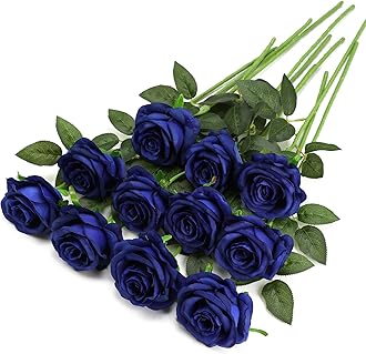 Blue Fake Roses Artificial Flowers - 10 Pcs Fake Artificial Roses Silk Flowers with Stems for Home Wedding Hotel Office Centerpiece Decor（Navy Blue）