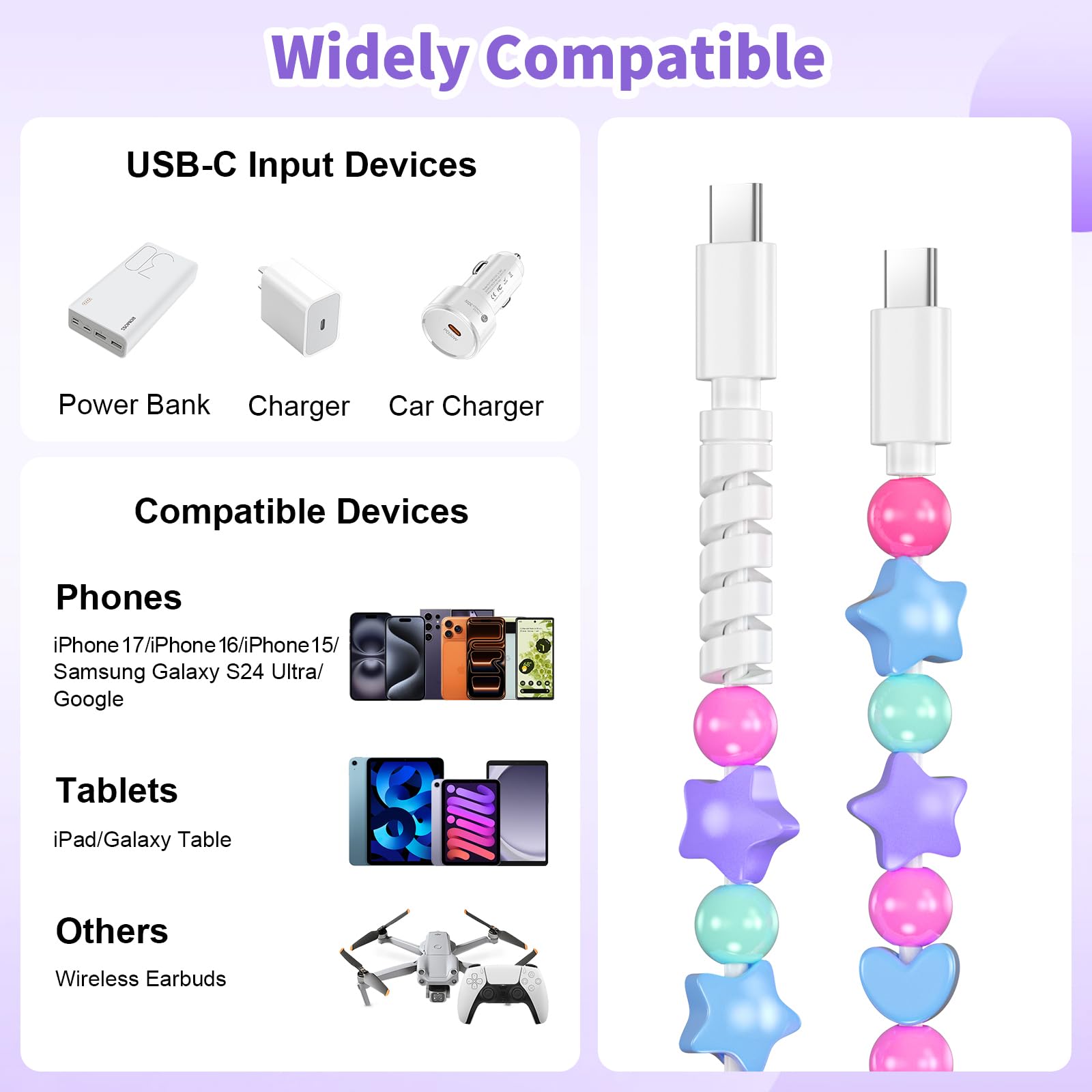 VOFUOE USB C Ladekabel für iPhone 17 Sternperlen Ladekabel Extra Lang USB A auf Typ C Schnellladung für Mädchen Frauen iPhone 16/15 Galaxy S25 für iPad A16
