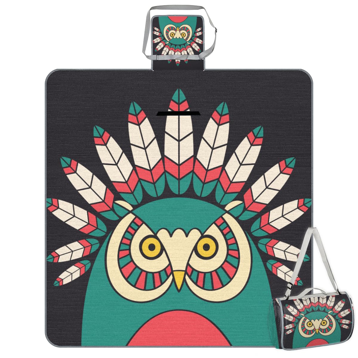 Shimoshe Picnic Blankets 57”x 59”, Owl Feather Waterproof Sandproof Picnic Mat Lightweight Foldable Beach Blanket for Camping Park Grass Beach Outdoor Blanket